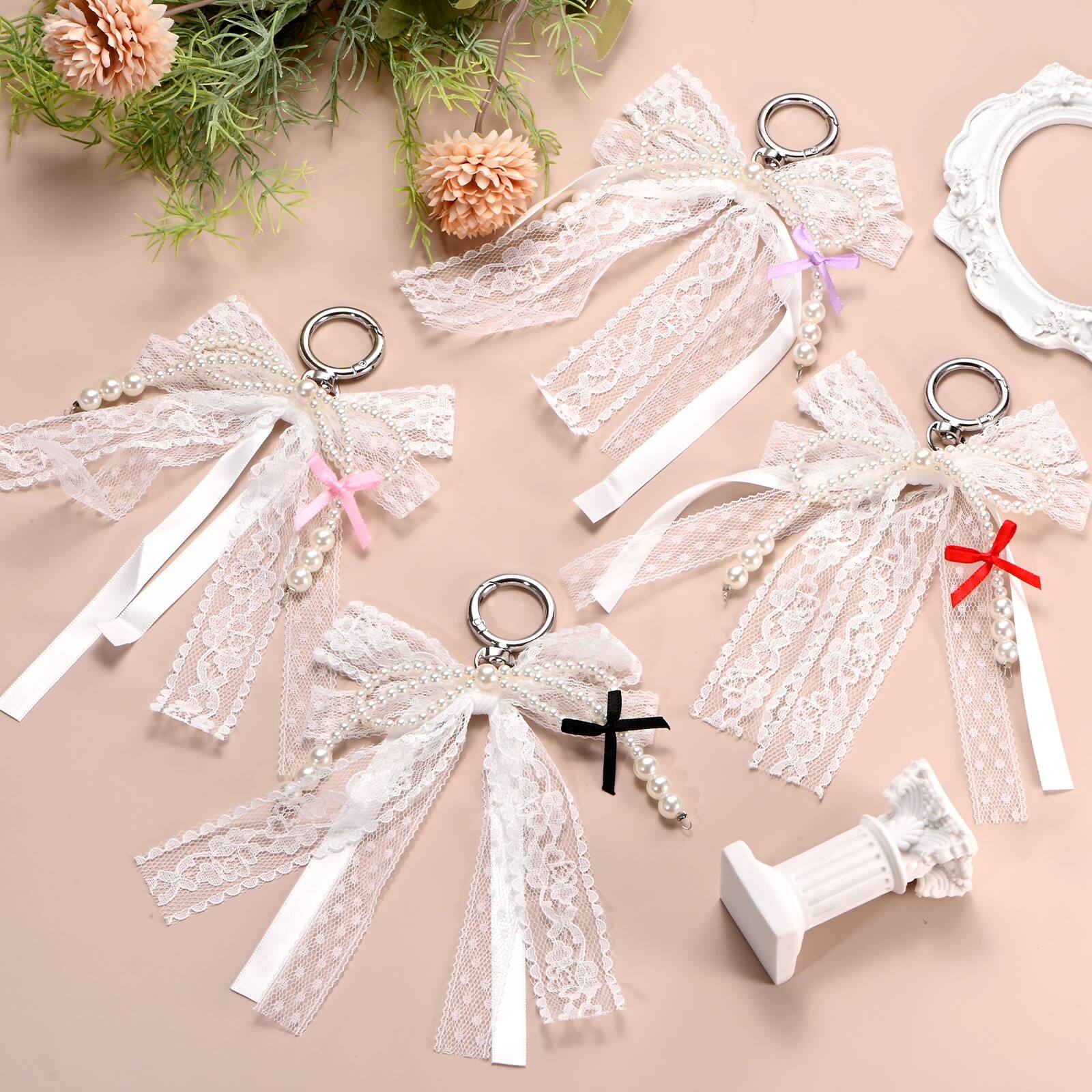 Alt View 3. Unique Bargains - Pearl Bow Keychain 16mm Y2K Aesthetic Lace Bowknot Pearl Keyring, Cute Bag Charm for Tote Bags Purse - Pink.