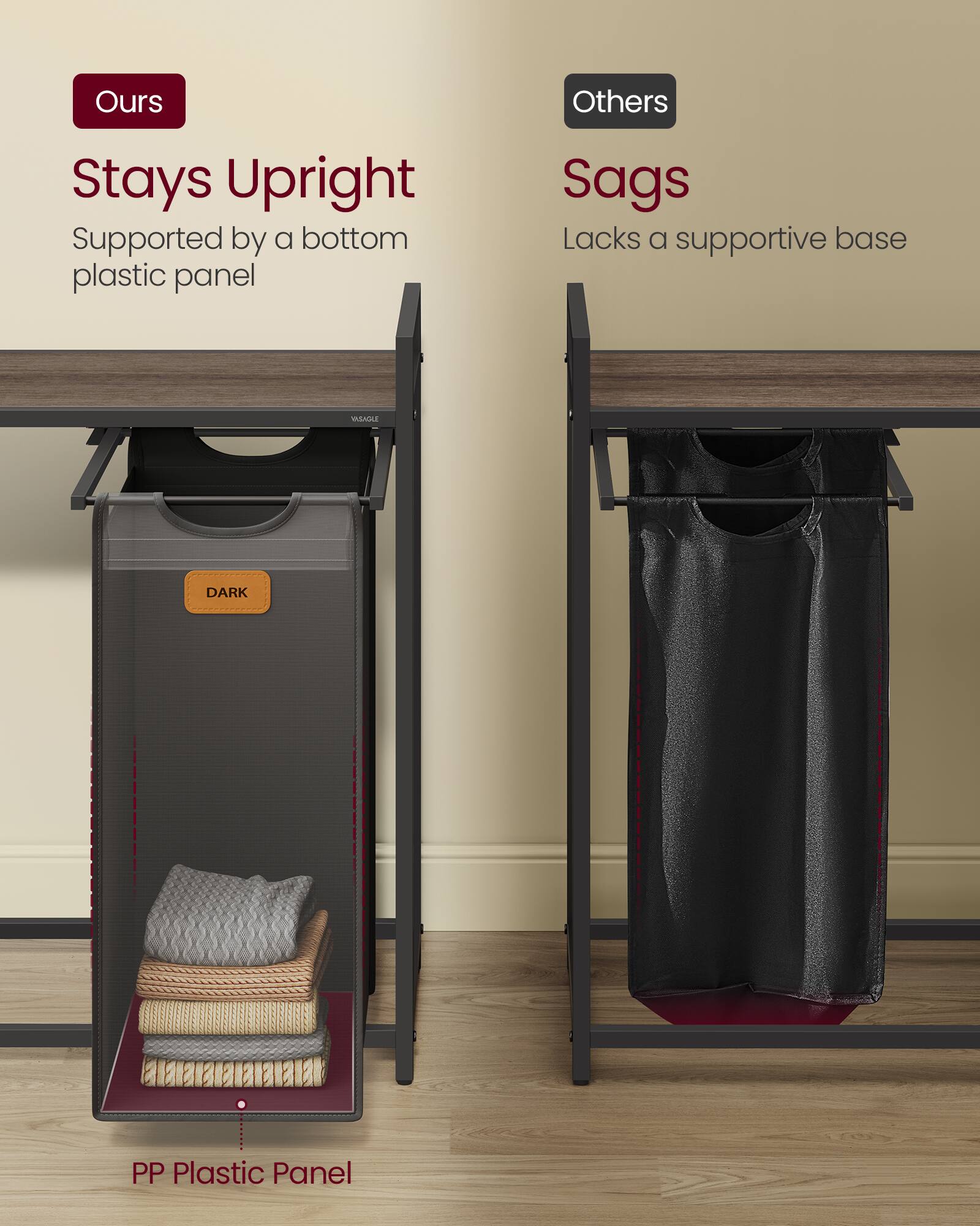 **Ours**  
Stays Upright  
Supported by a bottom plastic panel  

**Others**  
Sags  
Lacks a supportive base  

PP Plastic Panel