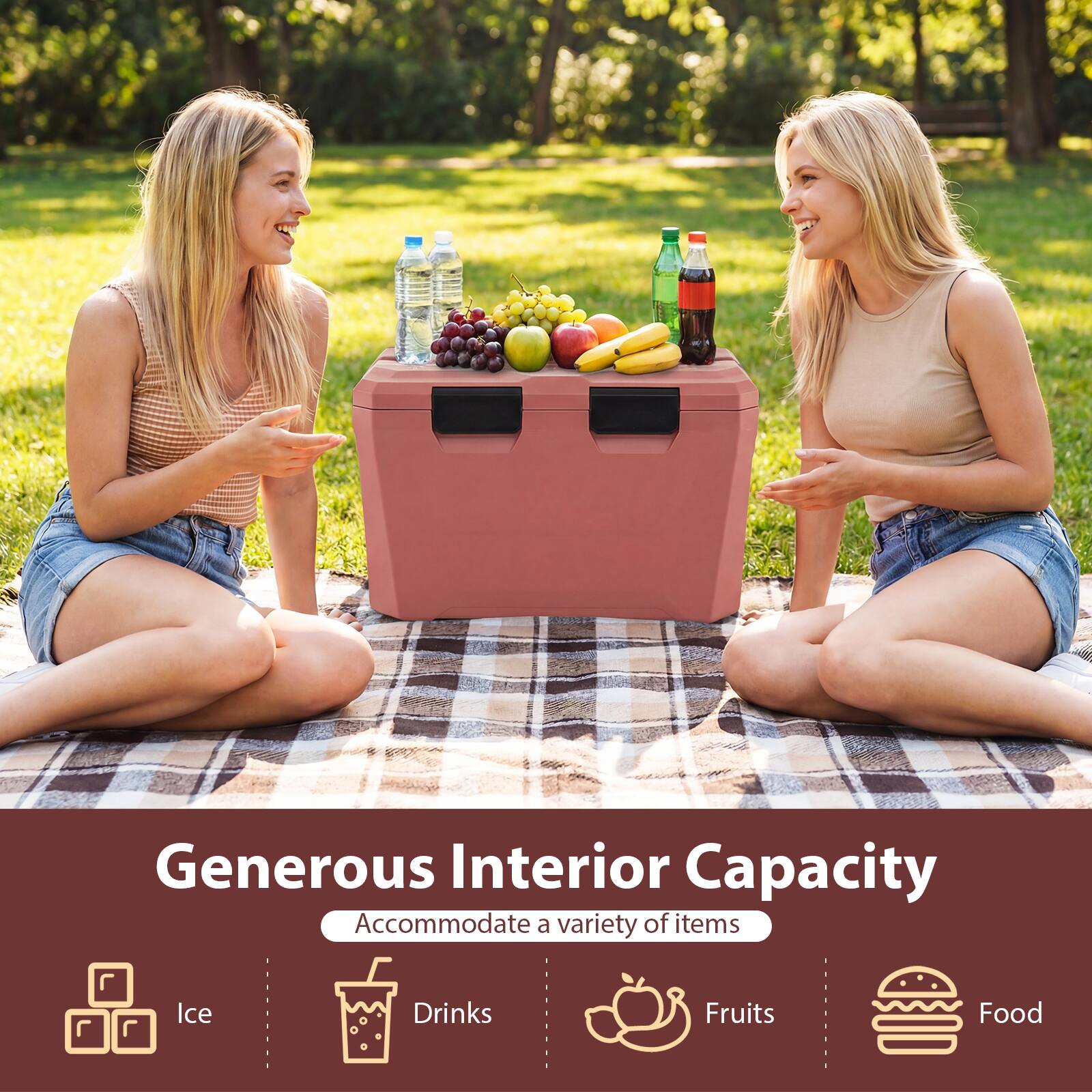 Generous Interior Capacity  
Accommodate a variety of items  
- Ice  
- Drinks  
- Fruits  
- Food