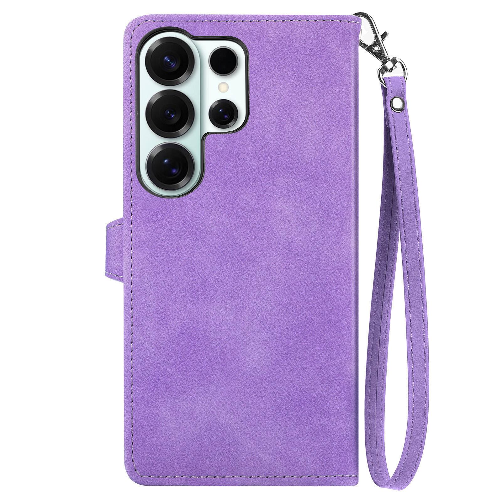 Left. Dteck - for Samsung Galaxy S26 Ultra Wallet Case,Folio Shockproof PU Leather Card Holder Cover with Zipper Pocket & Wrist Strap - Purple.