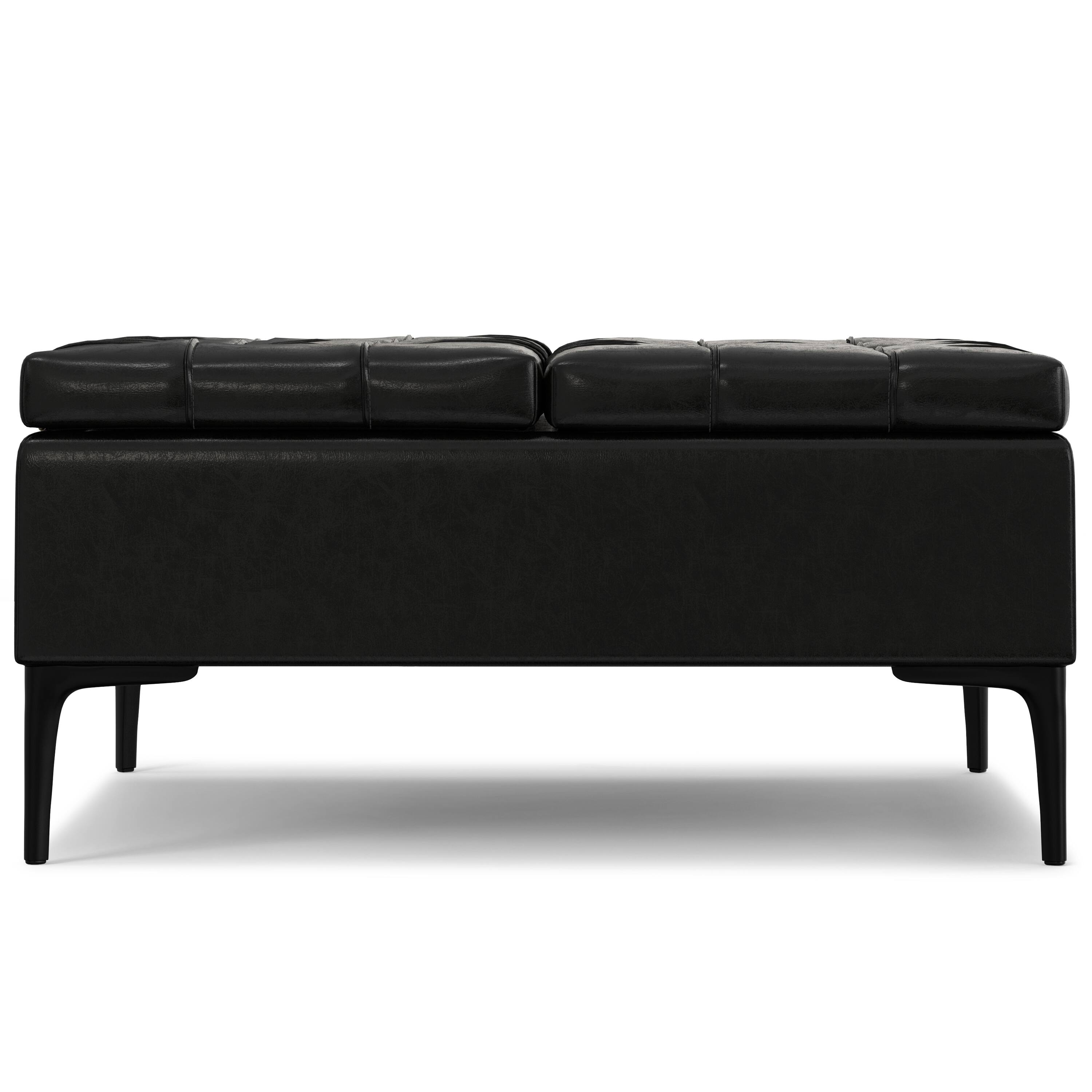Left. Simpli Home - Laura 36 inch Transitional Square Mid Century Lift Top Storage Ottoman in Midnight Black Vegan Faux Leather, Assembled - Midnight Black.