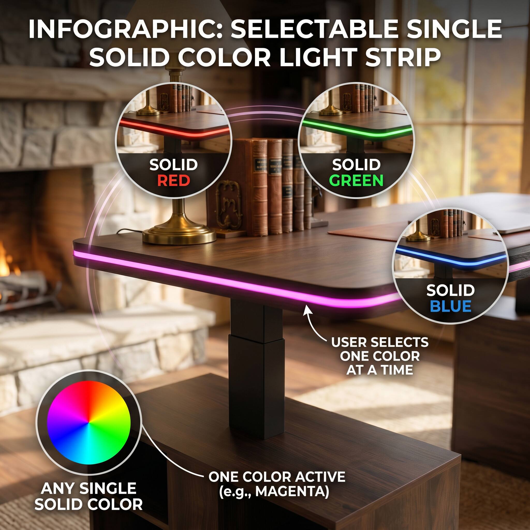 INFOGRAPHIC: SELECTABLE SINGLE SOLID COLOR LIGHT STRIP

- SOLID RED
- SOLID GREEN
- SOLID BLUE

USER SELECTS ONE COLOR AT A TIME

ANY SINGLE SOLID COLOR

ONE COLOR ACTIVE (e.g., MAGENTA)