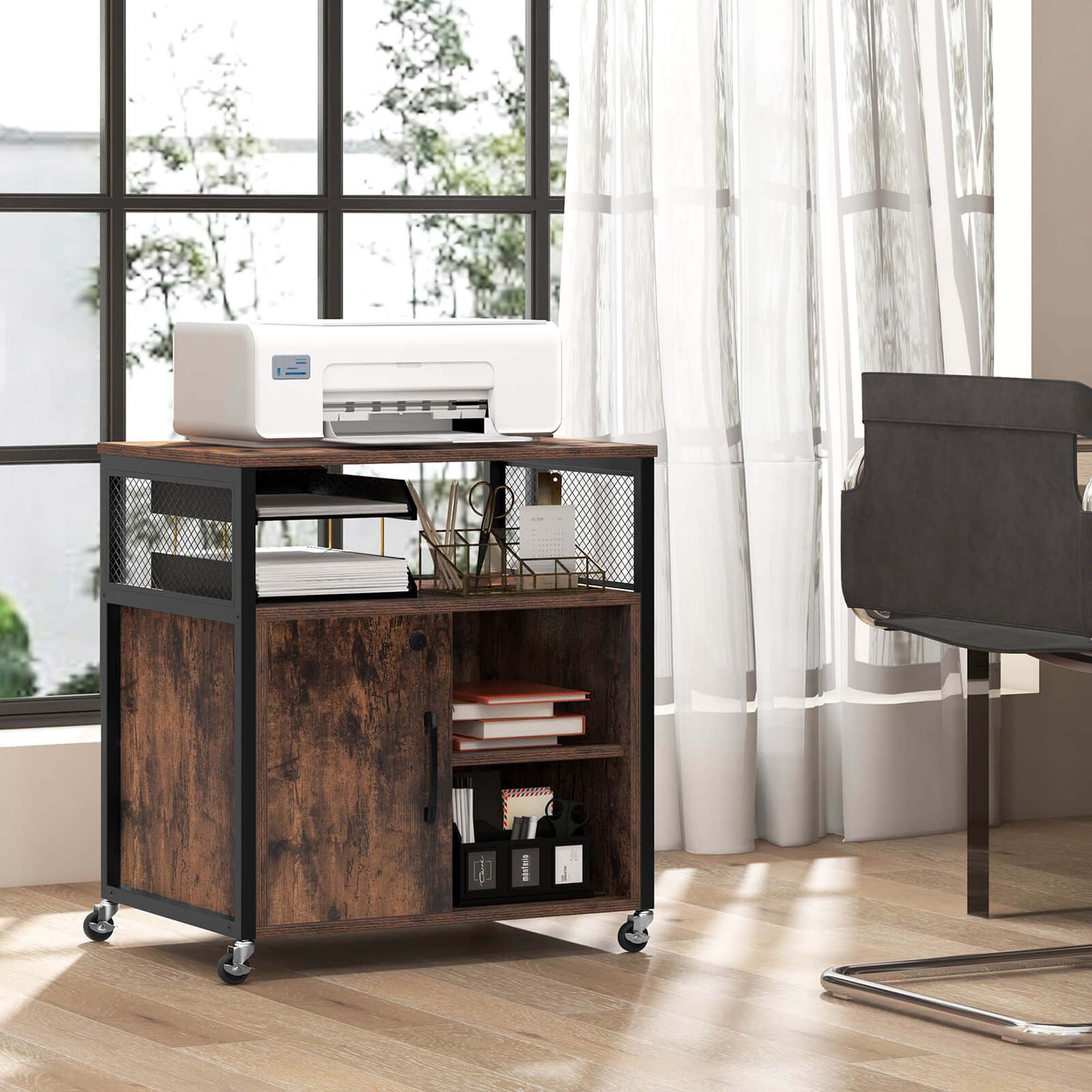 Alt View 3. Costway - Costway File Cabinet on Wheels with Charging Station & Cable Management Hole Shelves - Brown.