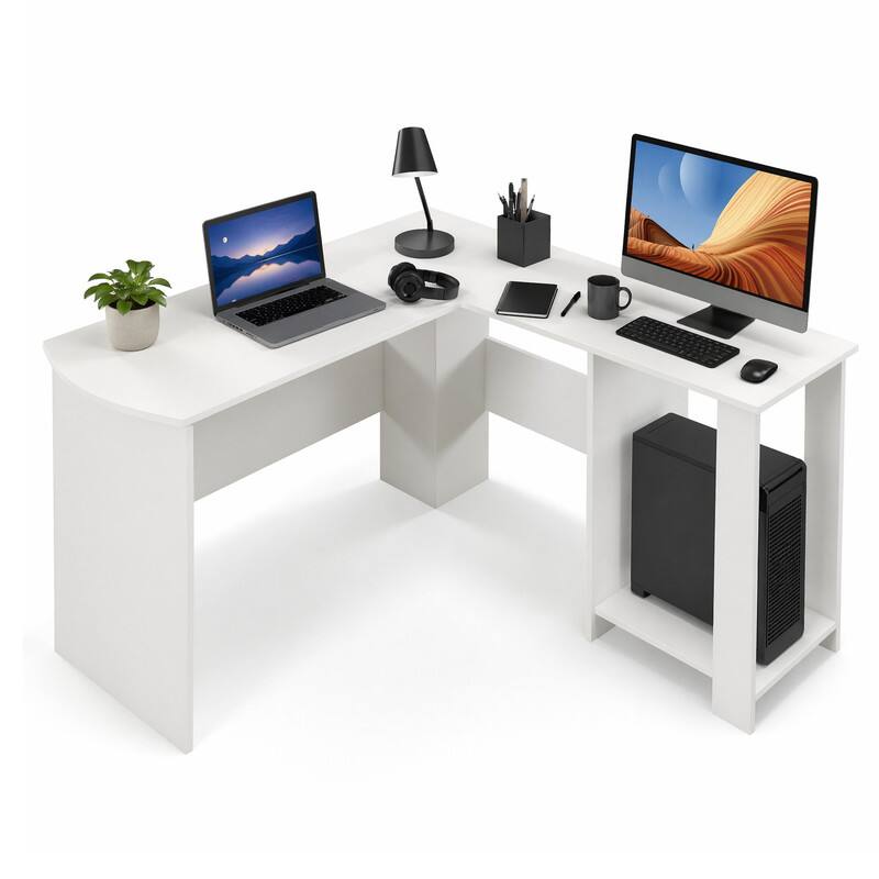 Angle. WELLFOR - 51" L Shape Desk with 2 Storage Shelves, Computer Desk Study Writing Desk for Home Office - White.