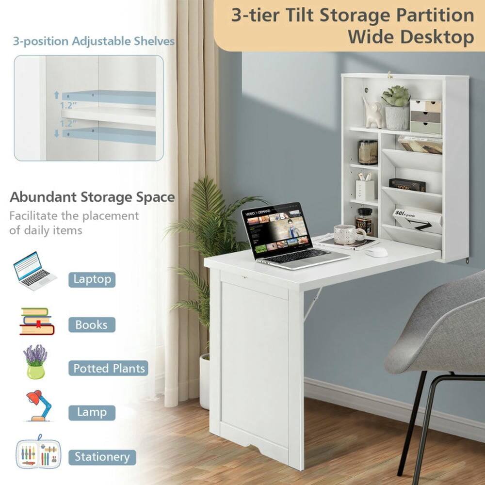 3-position Adjustable Shelves  
3-tier Tilt Storage Partition  
Wide Desktop  
1.2"  
Abundant Storage Space  
Facilitate the placement of daily items  

- Laptop  
- Books  
- Potted Plants  
- Lamp  
- Stationery