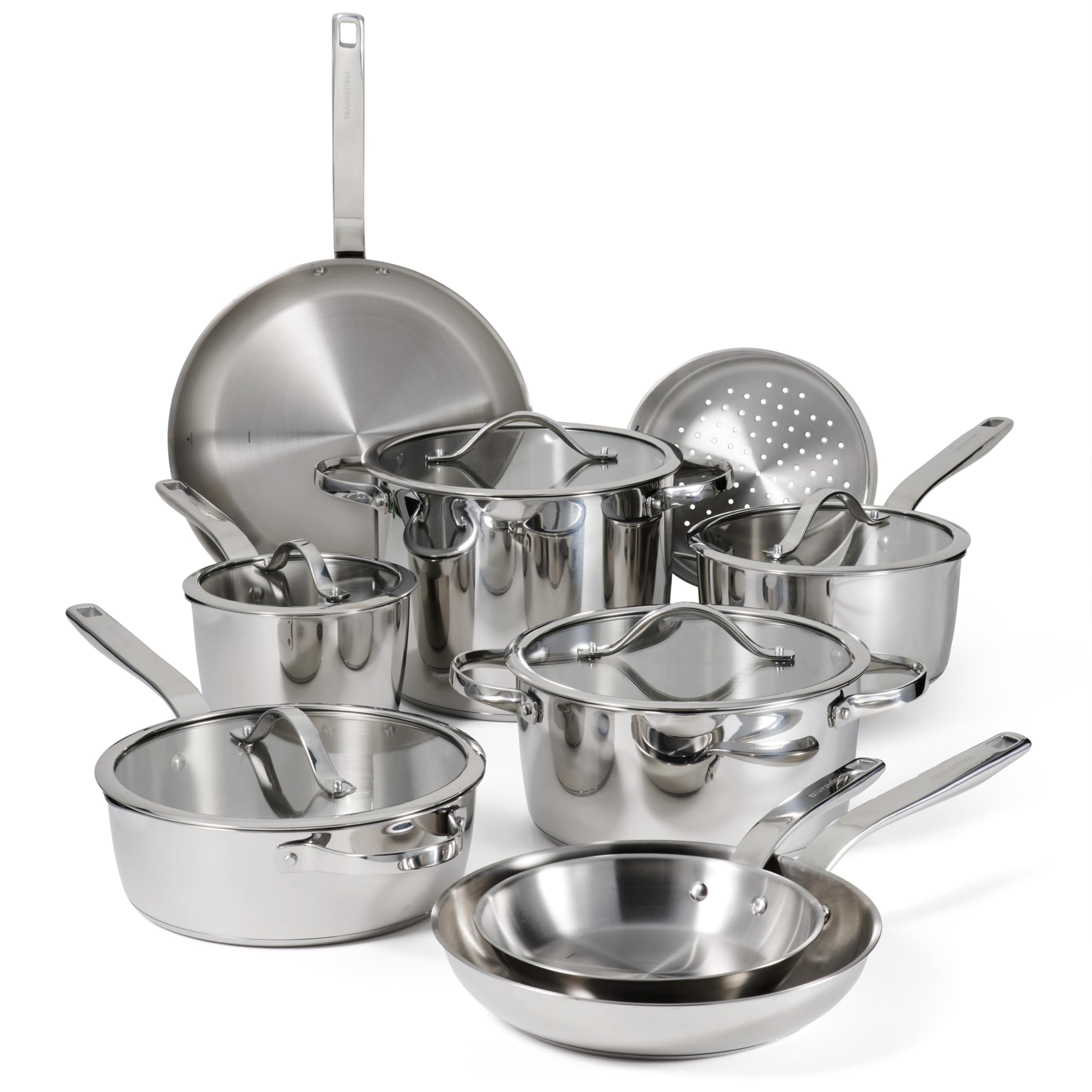 Front. Tramontina - Tramontina Tempo Tri-Ply Base Stainless Steel 14-Piece Cookware Set with Glass Lids - Silver.