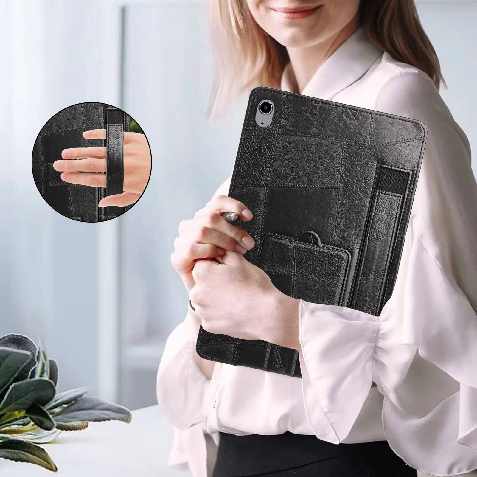 Back. Dteck - Leather Texture Case for Apple iPad (A16) 11" 2025, Shockproof Cover with Multi-Angle Stand and Secure Hand Strap - Black.