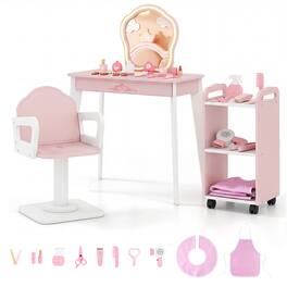 Costway - Kids Hair Salon Play Set with LED Lighted Mirror, Swivel Barber Chair, Rolling Cart - Light Pink