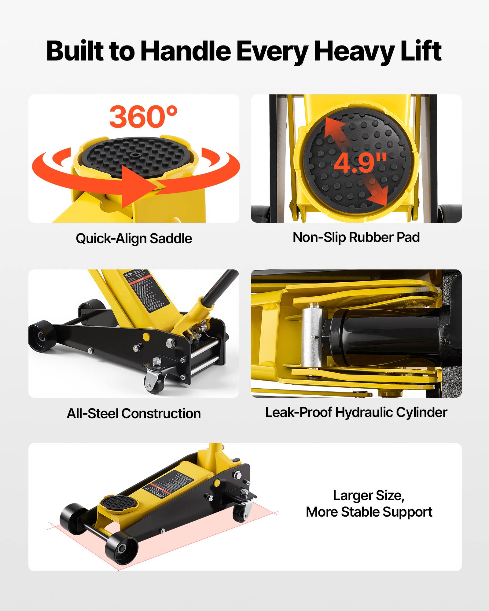 Built to Handle Every Heavy Lift

- 360° Quick-Align Saddle
- 4.9" Non-Slip Rubber Pad
- All-Steel Construction
- Leak-Proof Hydraulic Cylinder
- Larger Size, More Stable Support