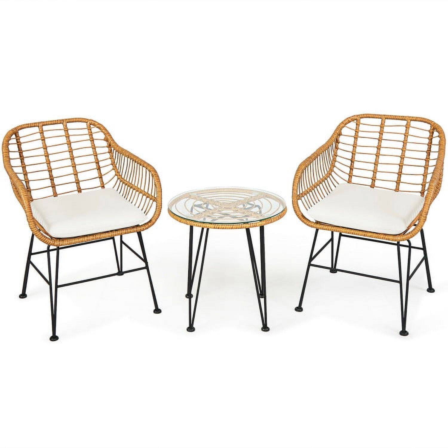 Left. Pefilos - 3 Pieces Rattan Furniture Set, Outdoor Backyard Patio Rattan Conversation Bistro Set with Cushioned Chair Table-White - White.