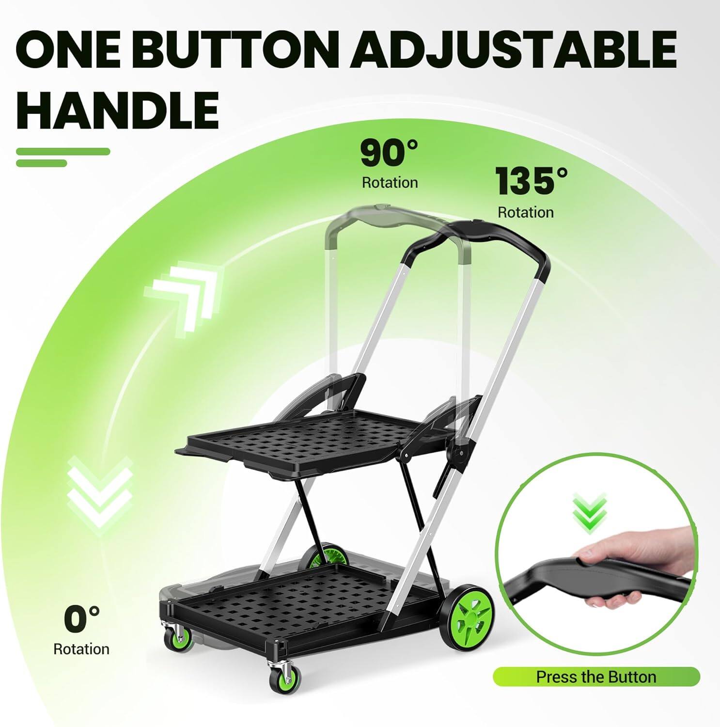 ONE BUTTON ADJUSTABLE HANDLE, 90° Rotation, 135° Rotation, 0° Rotation, Press the Button
