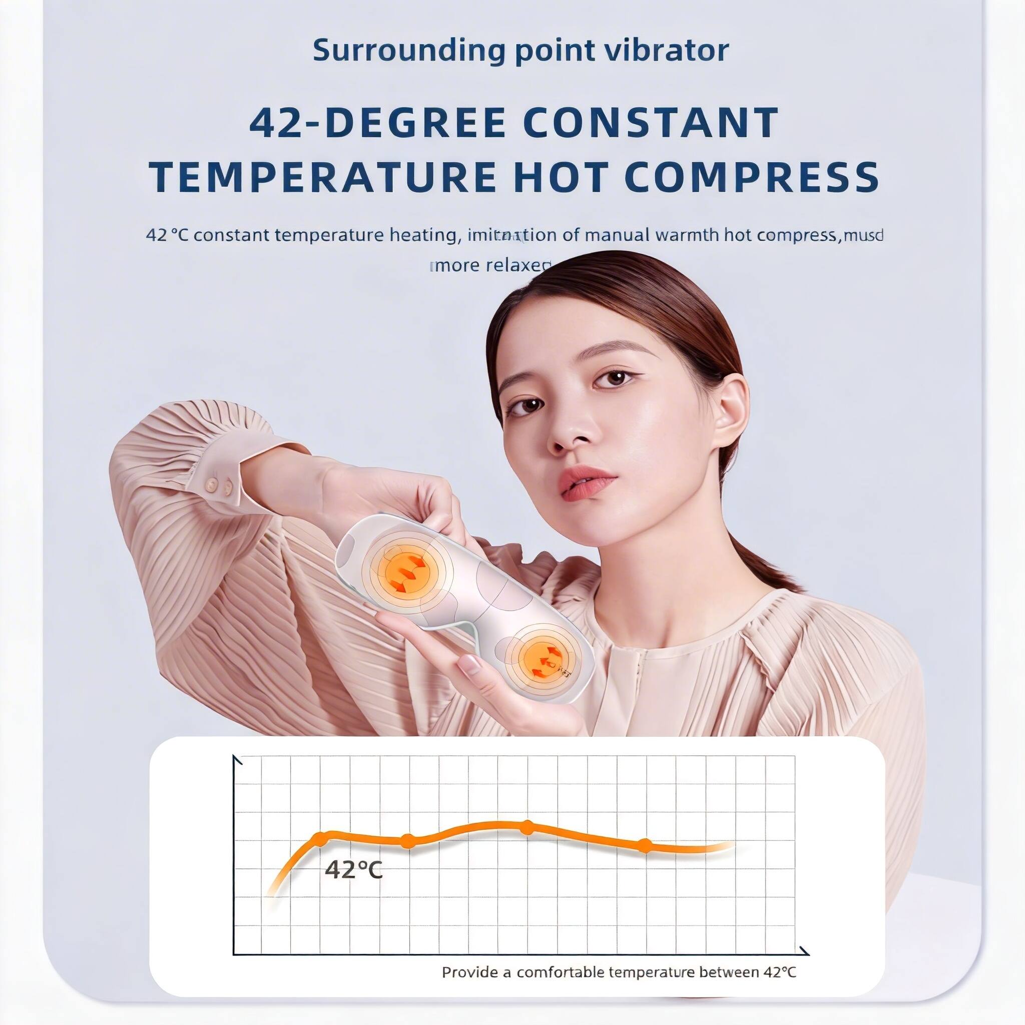 Surrounding point vibrator

42-DEGREE CONSTANT TEMPERATURE HOT COMPRESS

42°C constant temperature heating, imitation of manual warmth hot compress, muscle more relax

Provide a comfortable temperature between 42°C