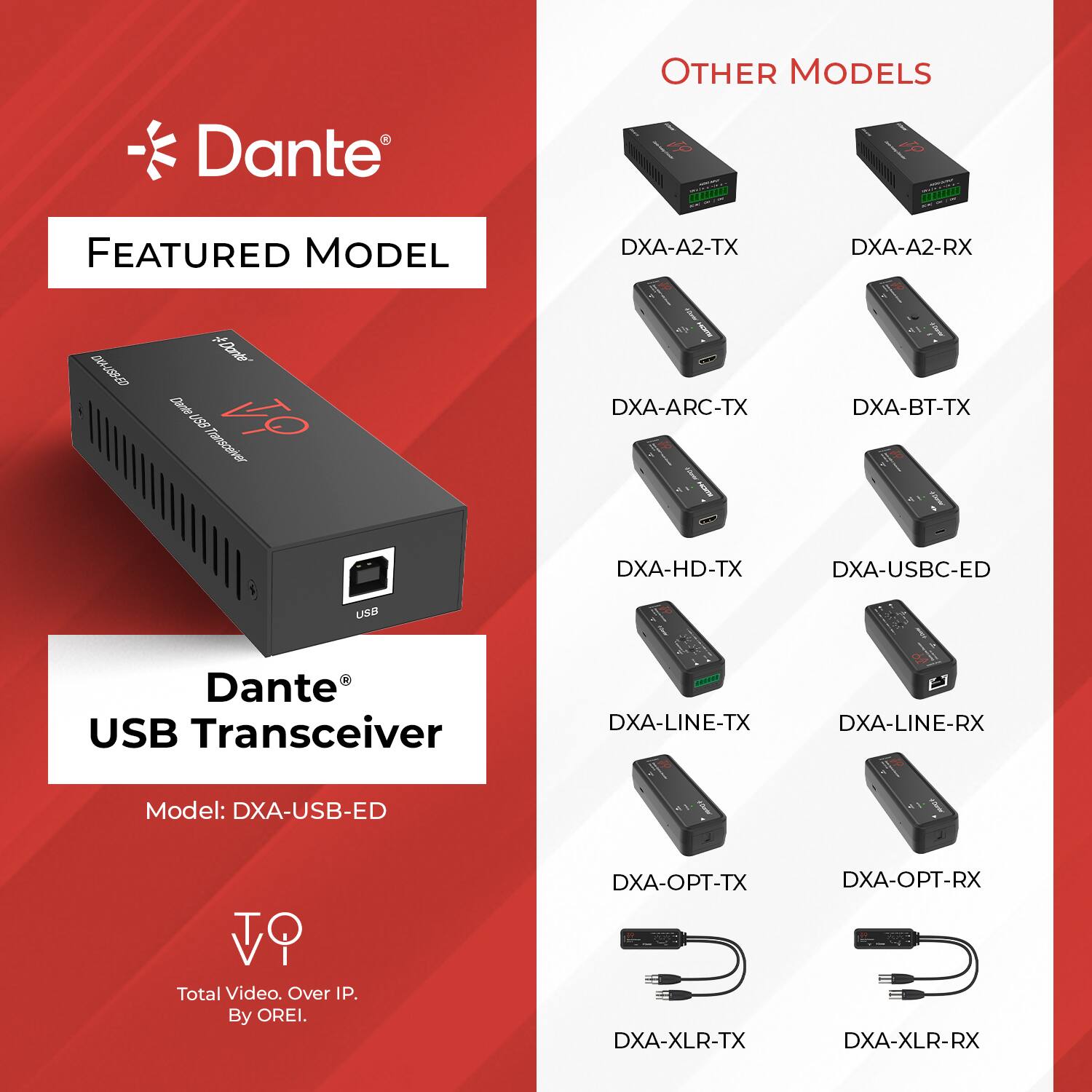 Dante  
OTHER MODELS  
FEATURED MODEL  
DXA-A2-TX  
DXA-A2-RX  
DXA-ARC-TX  
DXA-BT-TX  
DXA-HD-TX  
DXA-USBC-ED  
DXA-LINE-TX  
DXA-LINE-RX  
DXA-OPT-TX  
DXA-OPT-RX  
DXA-XLR-TX  
DXA-XLR-RX  

Dante USB Transceiver  
Model: DXA-USB-ED  

Total Video. Over IP.  
By OREI.