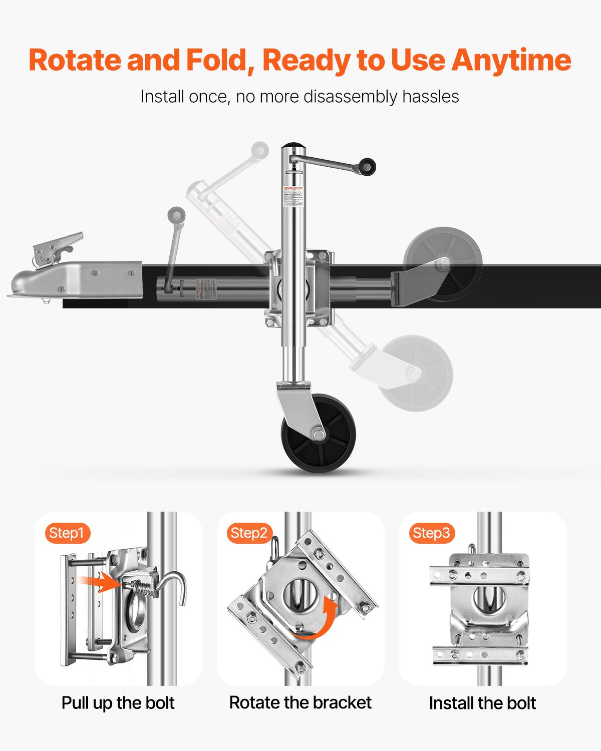 Rotate and Fold, Ready to Use Anytime  
Install once, no more disassembly hassles  

Step 1: Pull up the bolt  
Step 2: Rotate the bracket  
Step 3: Install the bolt