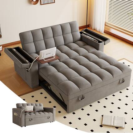 Front. Anysun - 65" Velvet Sofa Bed - 3-in-1 Foldable Design, Adjustable Back, USB & Storage Armrests with Table Board - Light Gray.