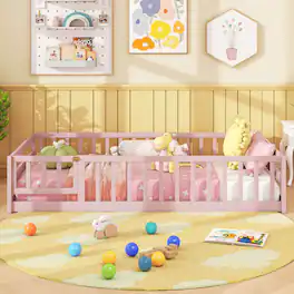 Costway - Twin Size Wooden Floor Bed with Full Length Safety Guardrails Door & Latch - Pink
