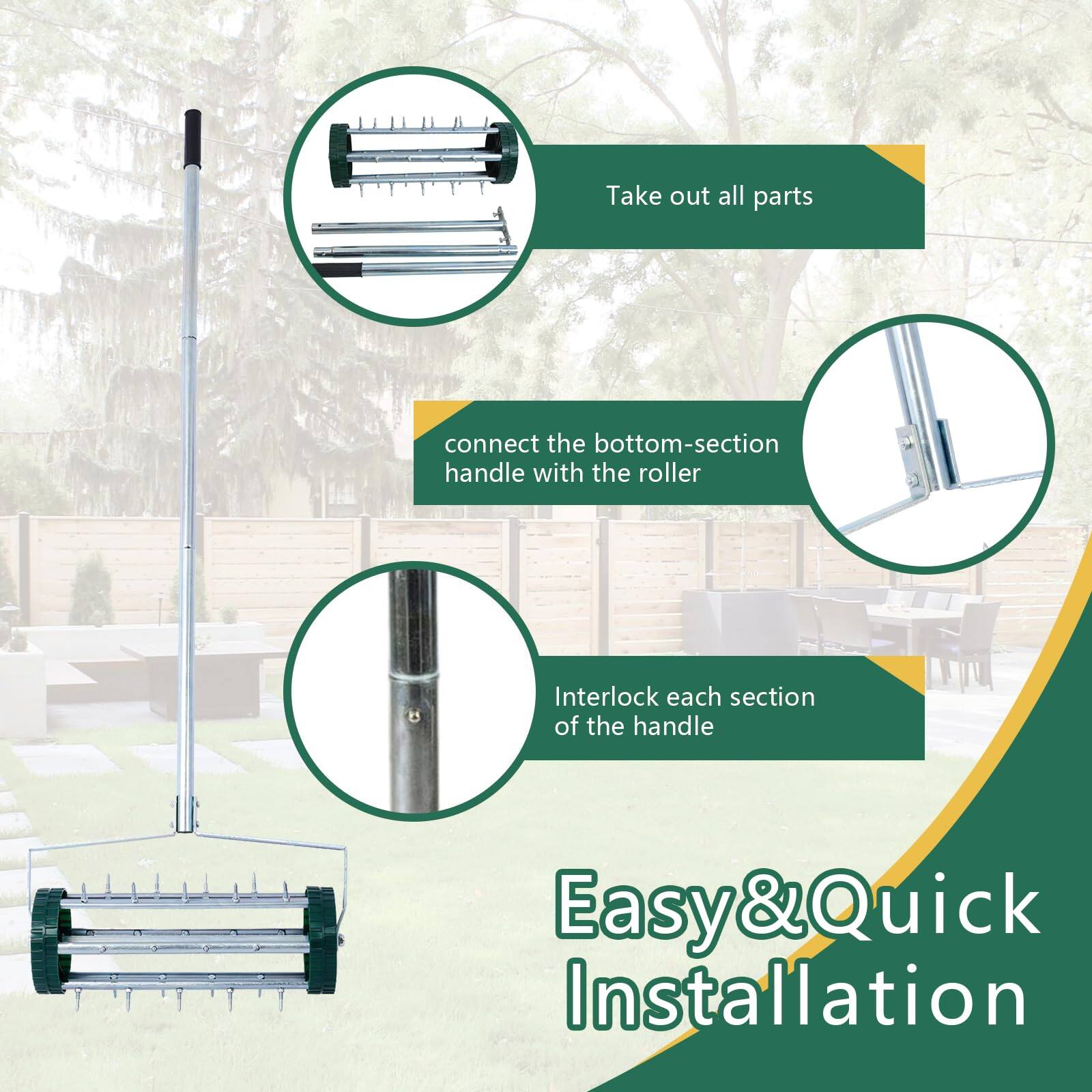 Easy & Quick Installation

1. Take out all parts
2. Connect the bottom-section handle with the roller
3. Interlock each section of the handle