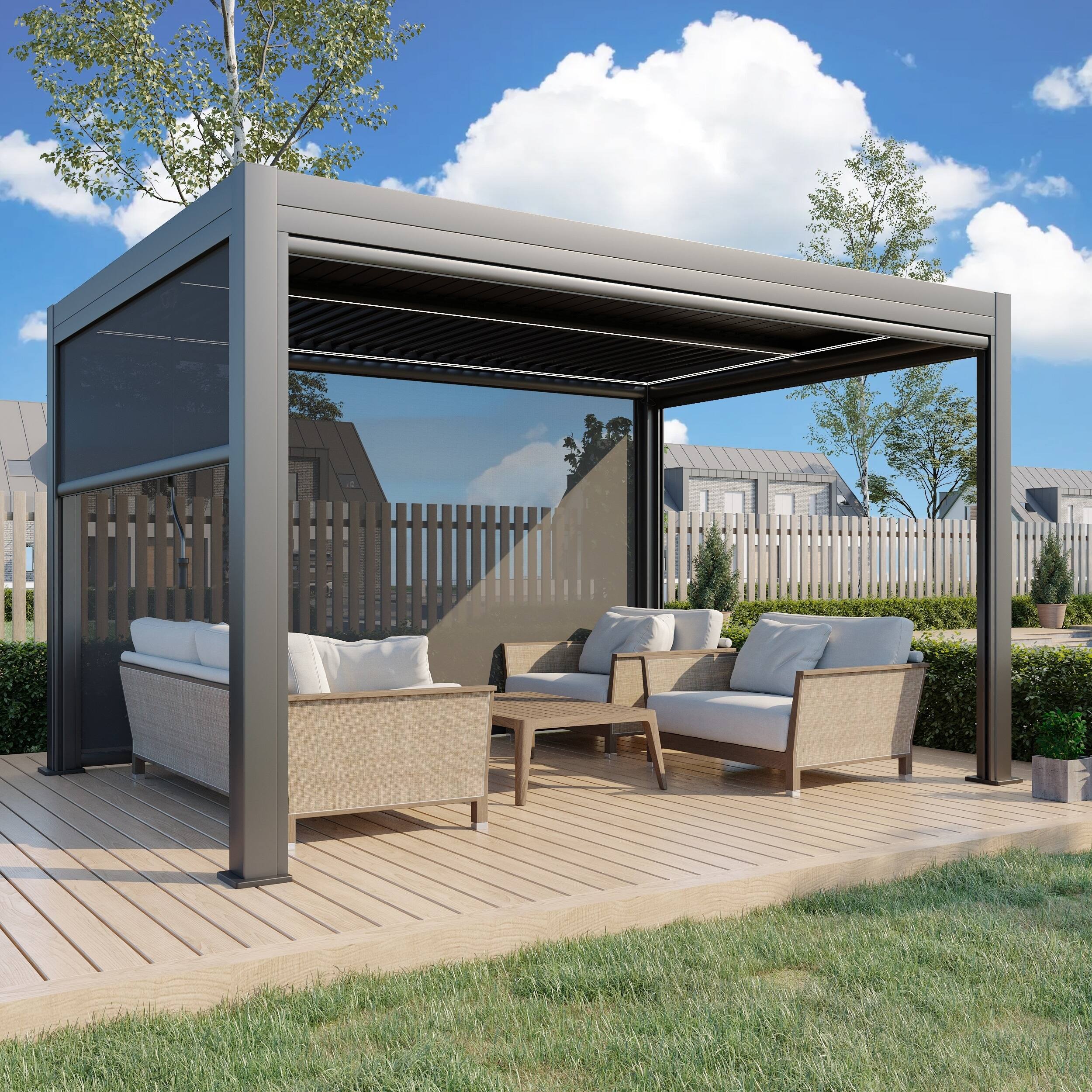 U-HOMY - 10'x13' Outdoor Aluminum Louvered Pergola Gazebo with Adjustable Rainproof Roof and Pull-Down Privacy Screen - Dark Gray