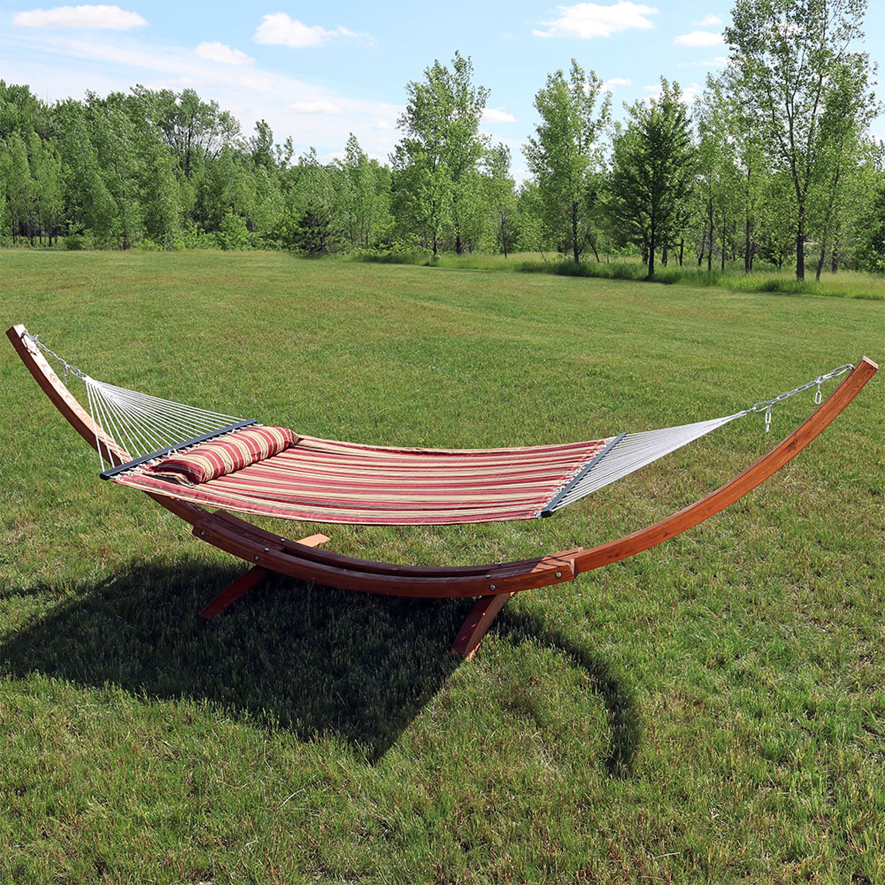 Alt View 3. Sunnydaze - 2-Person Quilted Hammock with Curved Wooden Stand - Red Stripe.