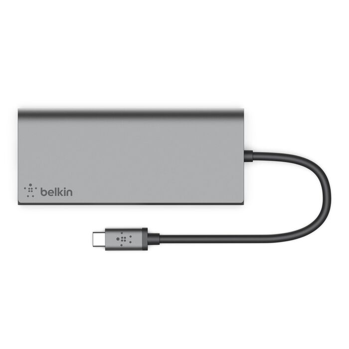 Left. Belkin - 4-Port USB Type-C Hub with Gigabit Ethernet Adapter - Gray.