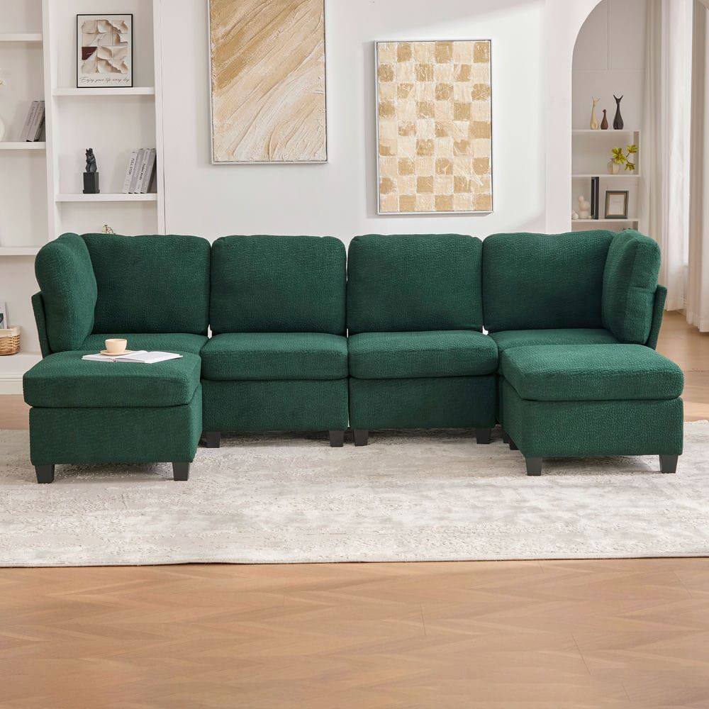 Front. Kadyn - U-Shaped 6-Seat Sectional, Configurable Modular Couch with Chaise and Storage Ottoman, Emerald - Green.