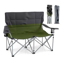 Gymax - Double Camping Chair w/Carry Bag 2 Cup Holders Premium Oxford Fabric for Lawn Gray - Green