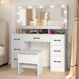 Gymax - Vanity Desk w/Mirror & Lights Power Outlets 3 Color Lighting Modes 7 Drawers - White