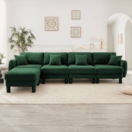 Aukfa - Boucle Fabric L-Shape Sectional 4-Seater Sofa - Shell-Shaped Armrests & Removable Ottoman, Self-Fabric Legs - Green