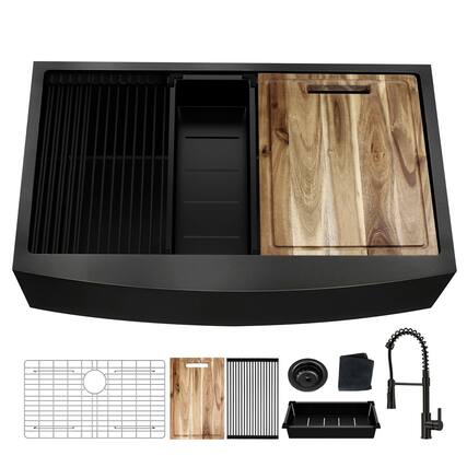 Front. Siljoy - 33" Dark Black kitchen Sink with Pull Out Faucet Handmade Farm Apron-Front Single Bowl 18 Gauge Stainless Steel Basin - Brick.