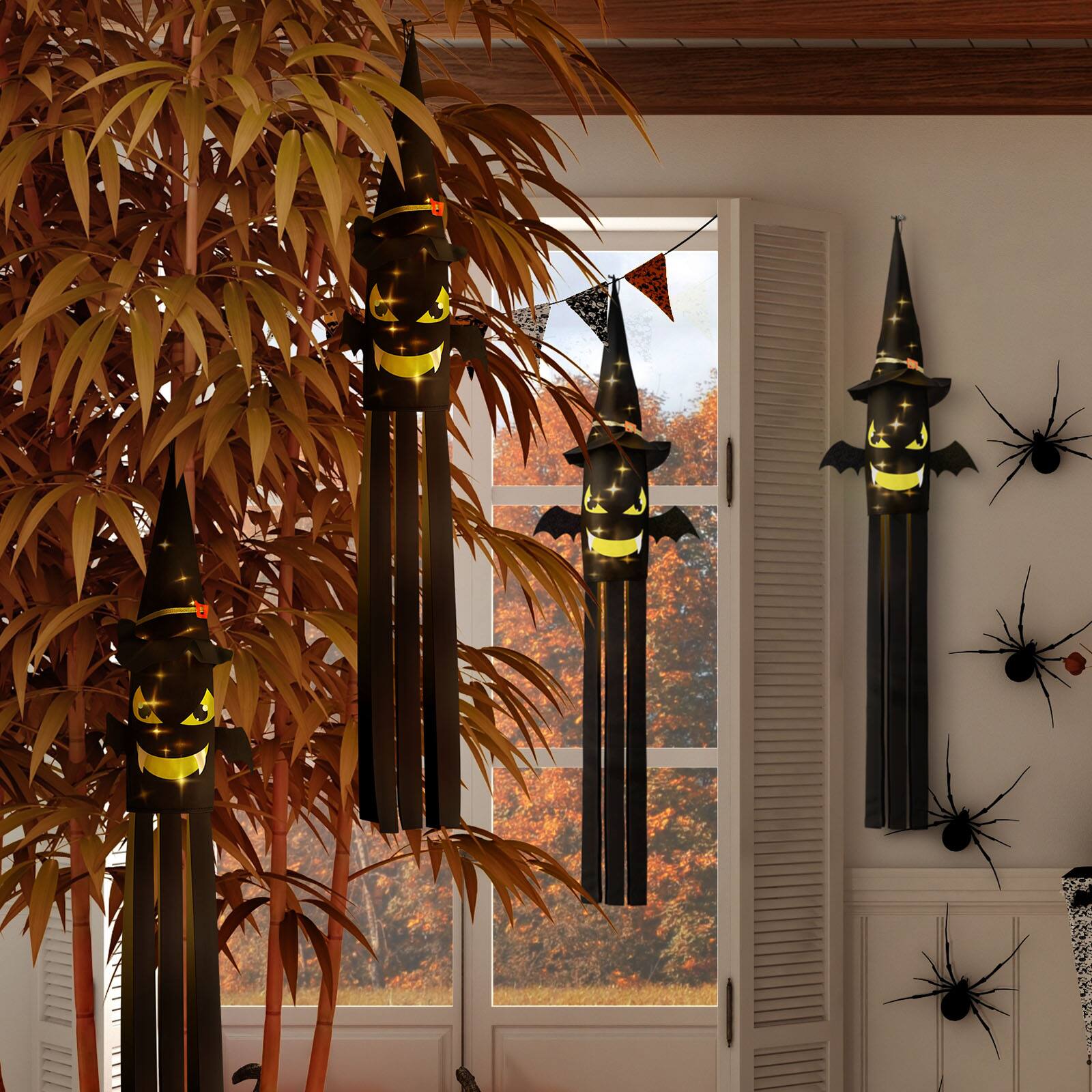 Alt View 2. Oumilen - 2-Pack 53 Inch Lighted Halloween Witch Windsock, Warm White LED Bat Face Hanging Flag for Porch Yard Outdoor Decor - Black.