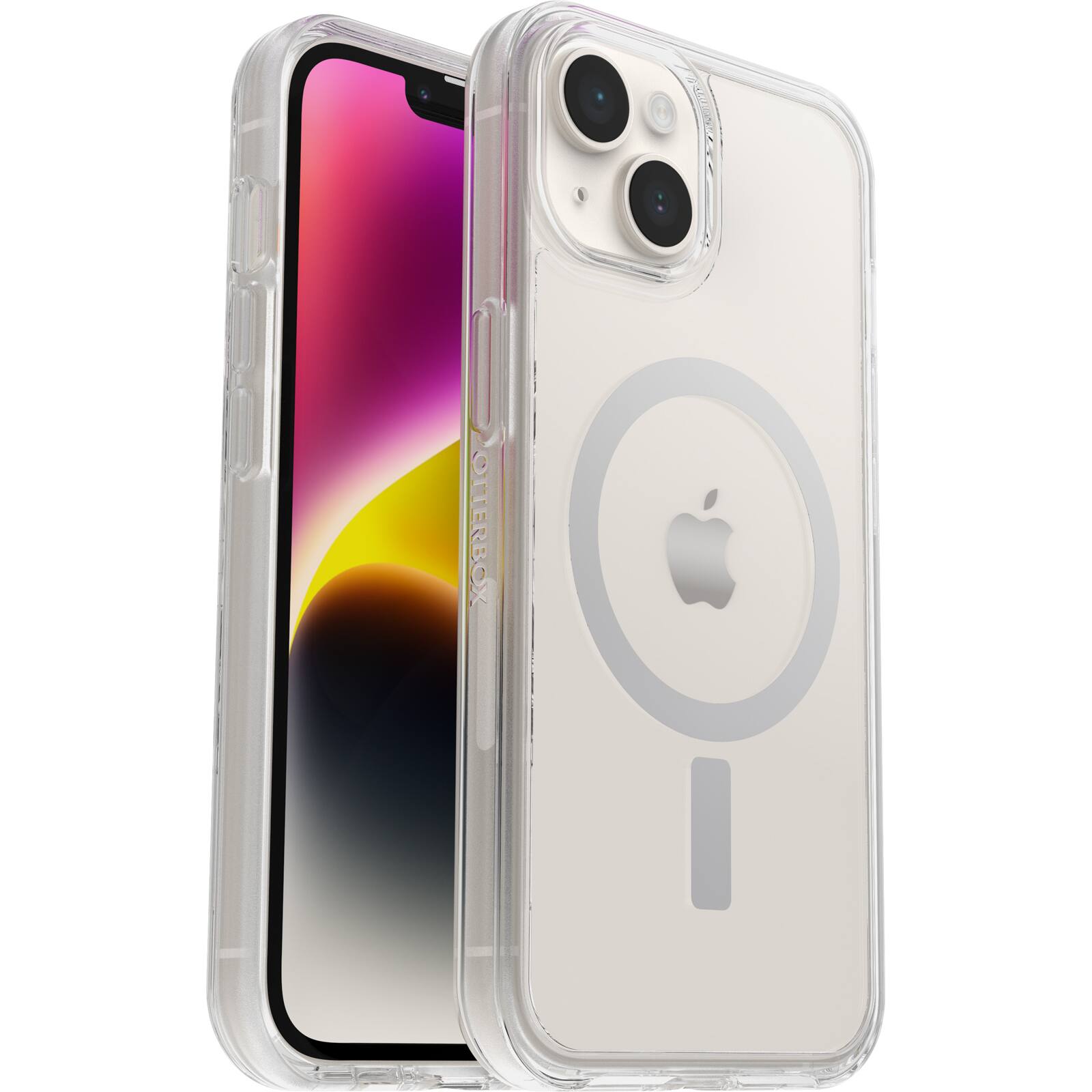 Left. OtterBox - Symmetry Series+ for MagSafe Hard Shell for Apple iPhone 14 and Apple iPhone 13 - Clear.