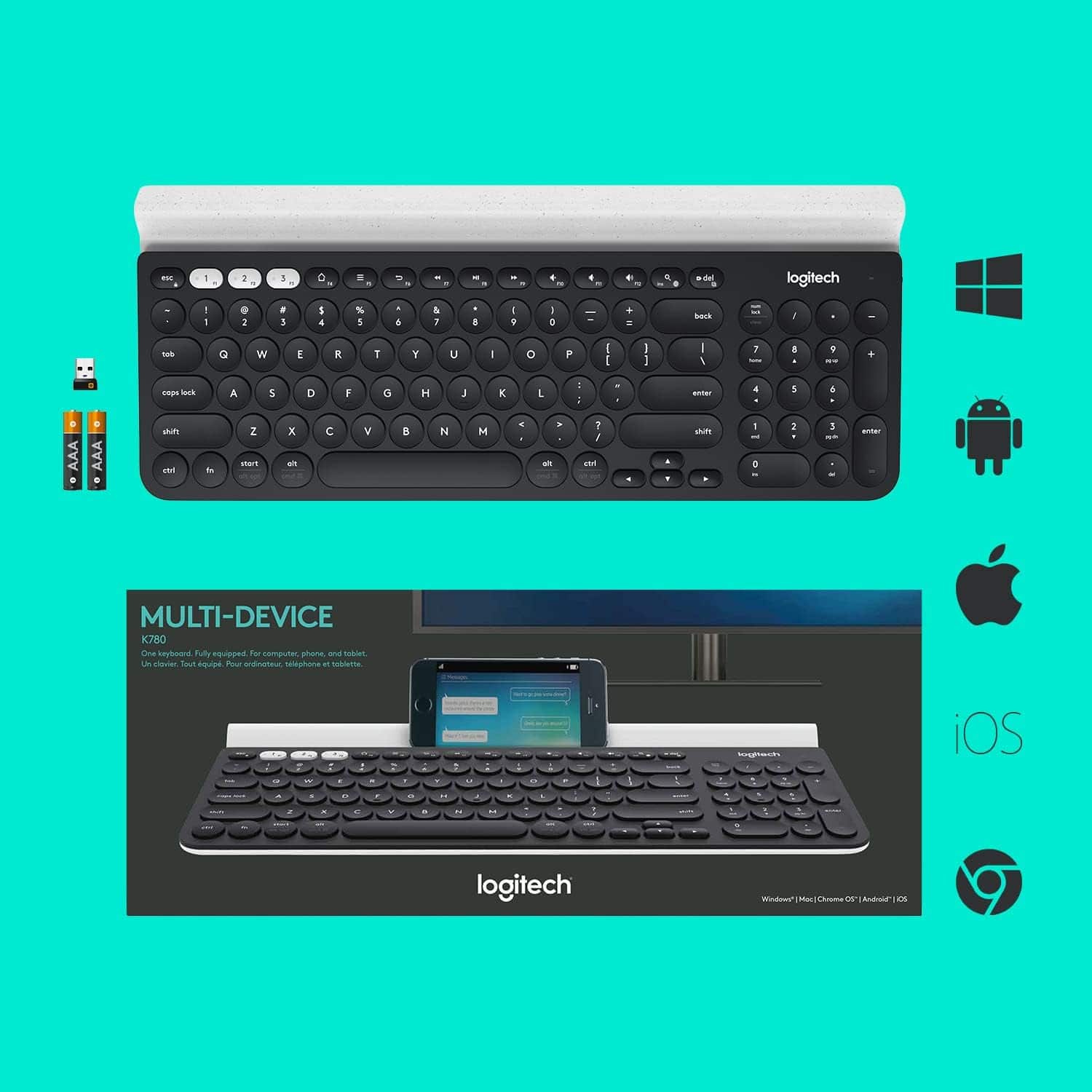 The text on the image reads:
"Logitech Multi-Device K780 - The ultimate fully-equipped keyboard for computer, tablet and smartphone - Compatible with Windows, Android, iOS and Chrome OS - 2.4GHz wireless - 10 meters range - 2 AAA batteries - 100% travel distance - 117 keys - 12 function keys - 12 F-keys - 12 multimedia keys - 2 USB ports - 1 USB 2.0 port - 1 USB 3.0 port - 1 HDMI port - 1 SD card slot - 1 headphone jack - 1 microphone jack - 1 RJ45 port - 1 RJ11 port - 1 RJ12 port - 1 RJ14 port - 1 RJ25 port - 1 RJ41 port - 1 RJ48 port - 1 RJ50 port - 1 RJ52 port - 1 RJ54 port - 1 RJ56 port - 1 RJ58 port - 1 RJ60 port - 1 RJ61 port - 1 RJ62 port - 1 RJ63 port - 1 RJ64 port - 1 RJ65 port - 1 RJ66 port - 1 RJ67 port - 1 RJ68 port - 1 RJ69 port - 1 RJ70 port - 1 RJ71 port - 1 RJ72 port - 1 RJ73 port - 1 RJ74 port - 1 RJ75 port - 1 RJ76 port - 1 RJ77 port - 1 RJ78 port - 1 RJ79 port - 1 RJ80 port - 1 RJ81 port - 1 RJ82 port - 1 RJ83 port - 1 RJ84 port - 1 RJ85 port - 1 RJ86 port - 1 RJ87 port - 1 RJ88 port - 1 RJ89 port - 1 RJ90 port - 1 RJ91 port - 1 RJ92 port -