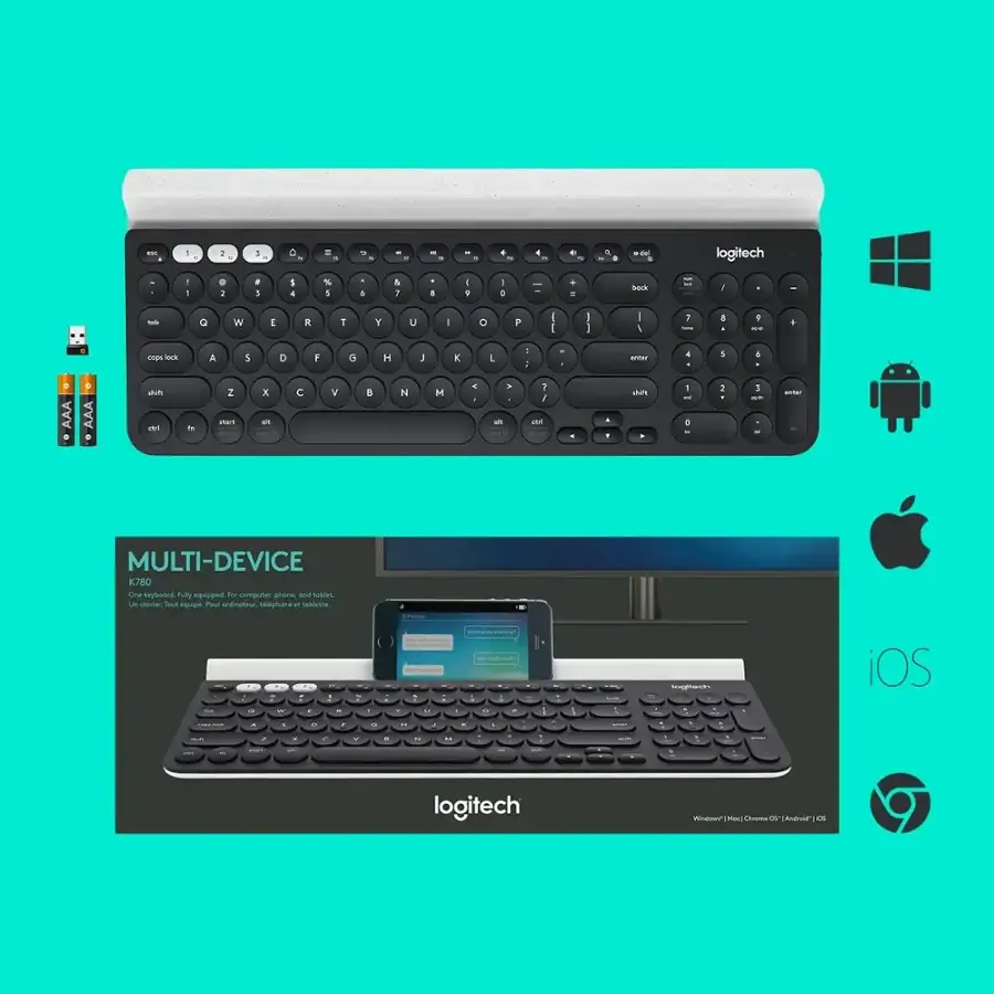 The text on the image reads:

"Logitech Multi-Device K780 - The ultimate fully-equipped keyboard for computer, tablet and smartphone - Compatible with Windows, Android, iOS and Chrome OS - 2.4GHz wireless - 10 meters range - 2 AAA batteries - 100% travel distance - 117 keys - 12 function keys - 12 F-keys - 12 multimedia keys - 2 USB ports - 1 USB 2.0 port - 1 USB 3.0 port - 1 HDMI port - 1 SD card slot - 1 headphone jack - 1 microphone jack - 1 RJ45 port - 1 RJ11 port - 1 RJ12 port - 1 RJ14 port - 1 RJ25 port - 1 RJ41 port - 1 RJ48 port - 1 RJ50 port - 1 RJ52 port - 1 RJ54 port - 1 RJ56 port - 1 RJ58 port - 1 RJ60 port - 1 RJ61 port - 1 RJ62 port - 1 RJ63 port - 1 RJ64 port - 1 RJ65 port - 1 RJ66 port - 1 RJ67 port - 1 RJ68 port - 1 RJ69 port - 1 RJ70 port - 1 RJ71 port - 1 RJ72 port - 1 RJ73 port - 1 RJ74 port - 1 RJ75 port - 1 RJ76 port - 1 RJ77 port - 1 RJ78 port - 1 RJ79 port - 1 RJ80 port - 1 RJ81 port - 1 RJ82 port - 1 RJ83 port - 1 RJ84 port - 1 RJ85 port - 1 RJ86 port - 1 RJ87 port - 1 RJ88 port - 1 RJ89 port - 1 RJ90 port - 1 RJ91 port - 1 RJ92 port -