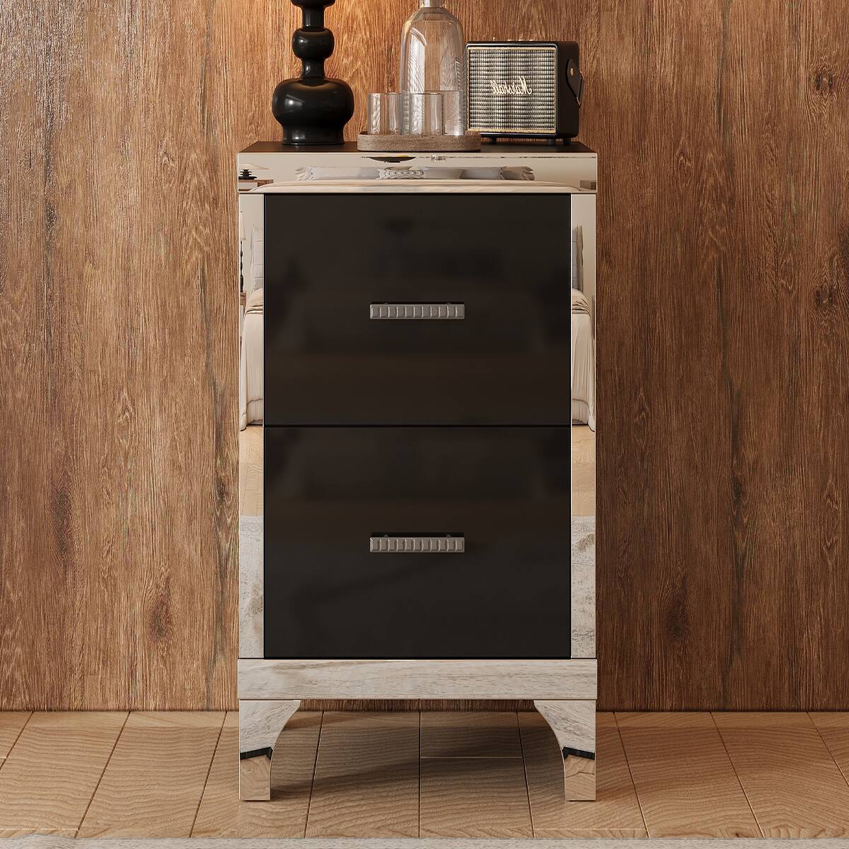 Alt View 7. Loheer - Loheer Black Two Drawer Nightstand, High Gloss Mirrored Bedside Table - Black.