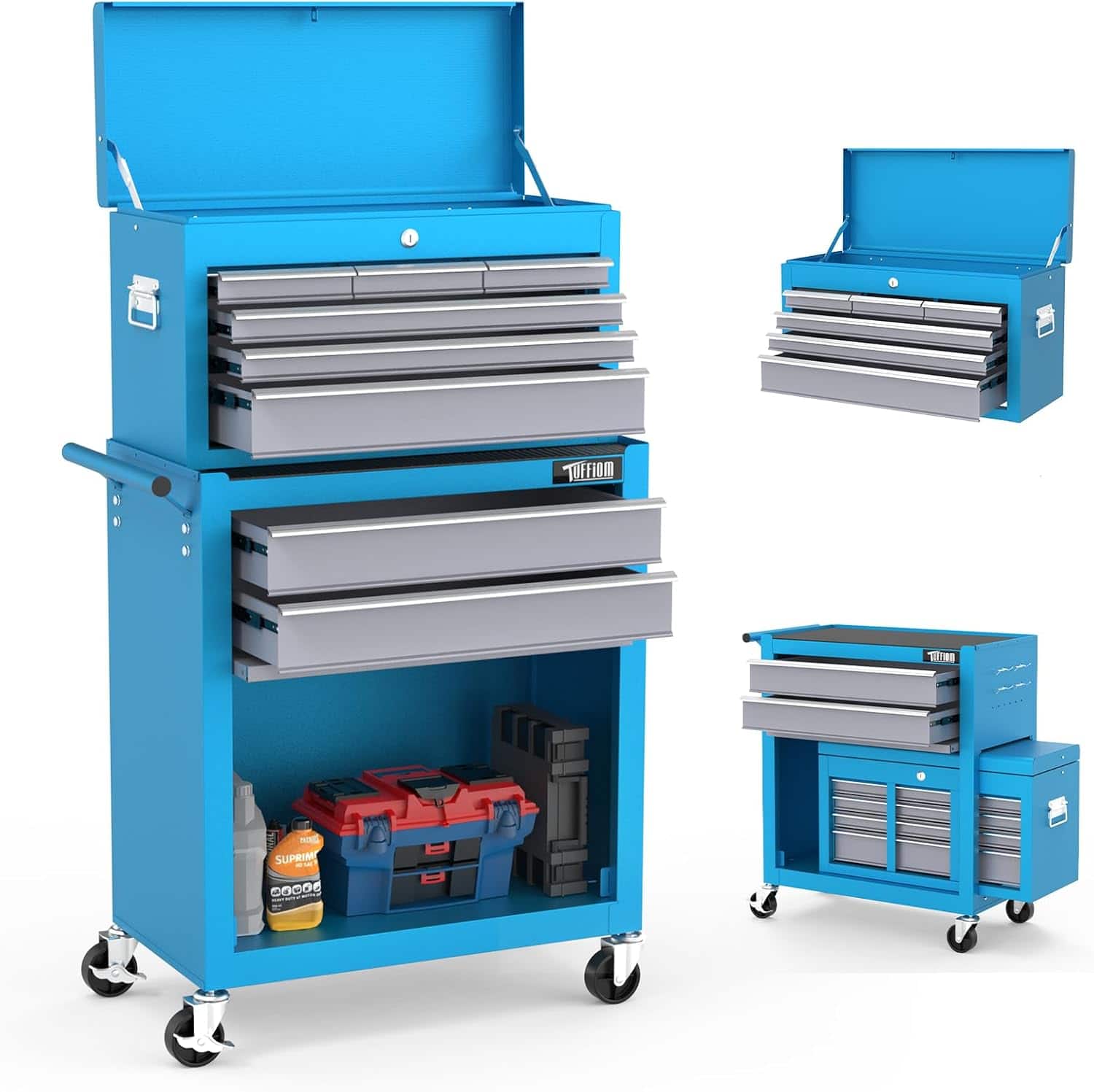 Winado - 8-Drawer Rolling Tool Chest, Garage Tool Storage Cabinet with Lockable Wheels & Detachable Top - Blue & Grey