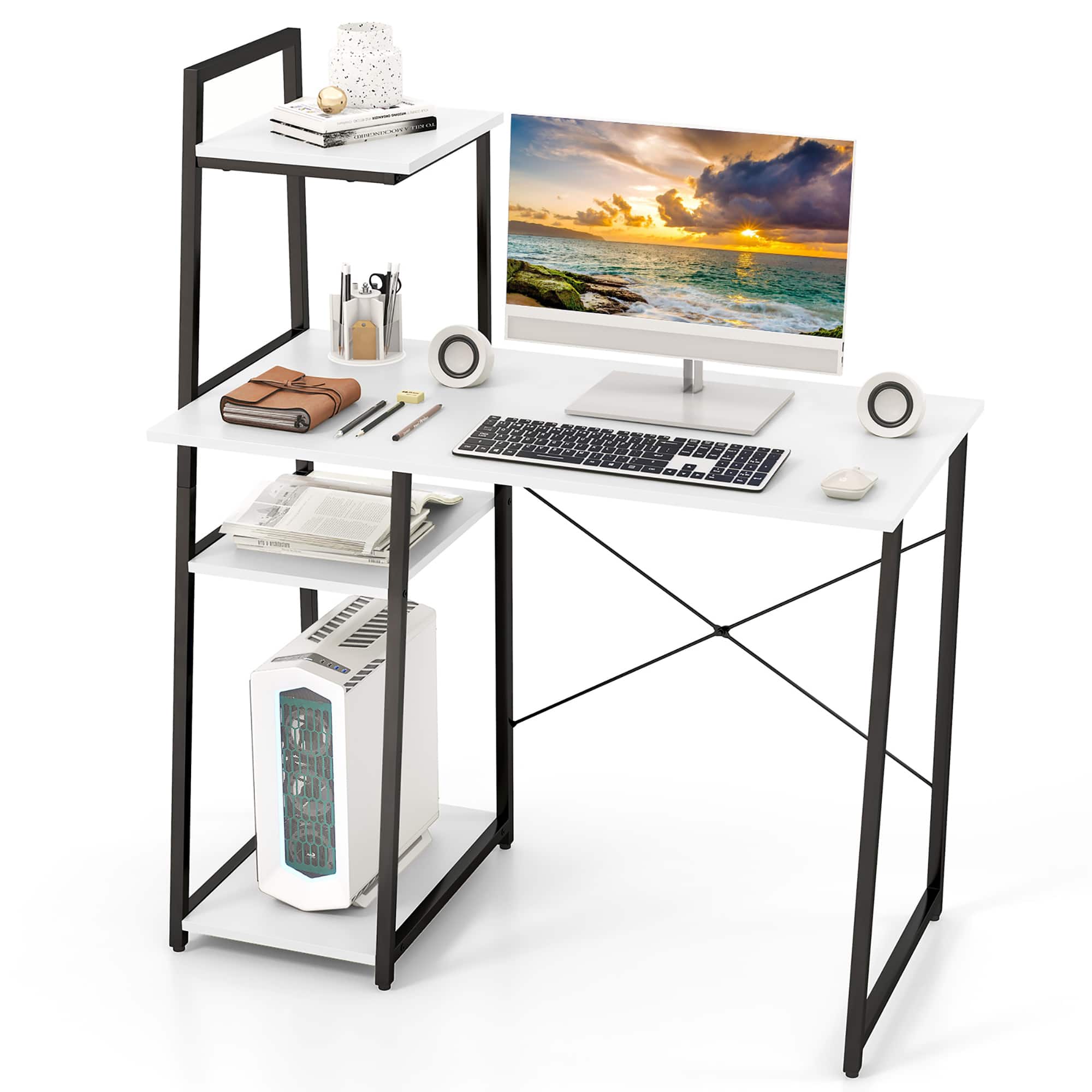 Front. Gymax - Gymax Computer Desk w/ Shelves 3-Tier Storage Bookshelf Ladder-shaped Metal Frame - White, Black.