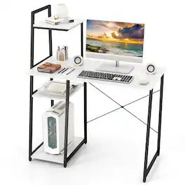 Gymax - Computer Desk w/ Shelves 3-Tier Storage Bookshelf Ladder-shaped Metal Frame - White, Black