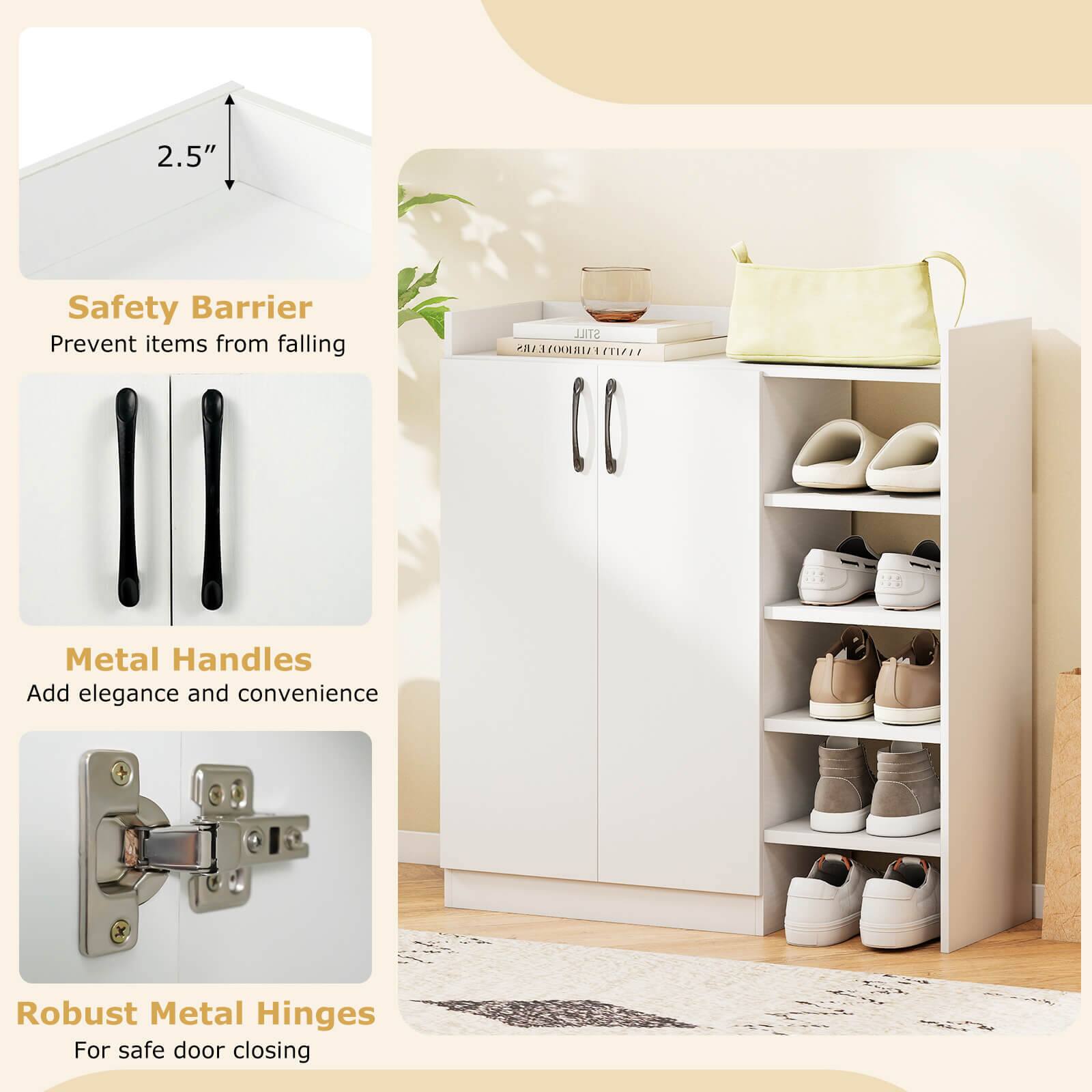 2.5" Safety Barrier  
Prevent items from falling  

Metal Handles  
Add elegance and convenience  

Robust Metal Hinges  
For safe door closing