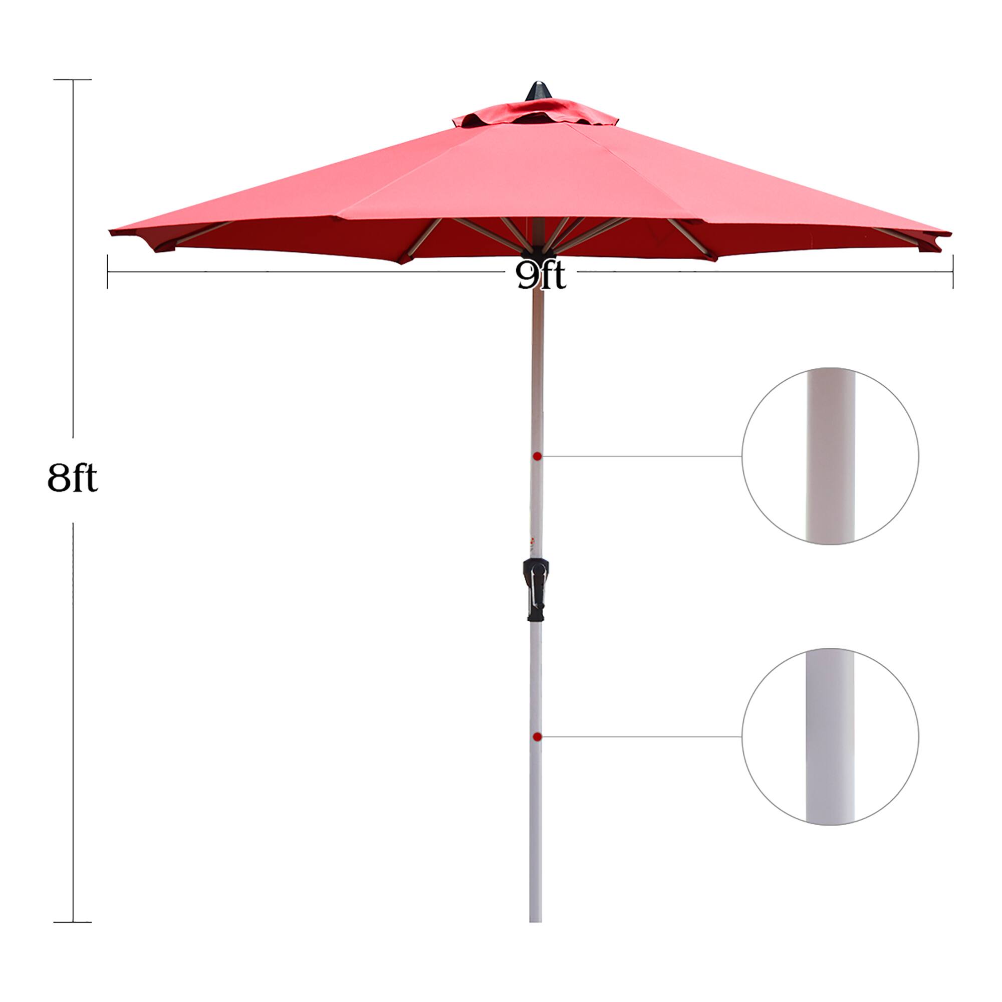 The text on the image reads "9ft 8ft" which indicates that the umbrella is 9 feet tall and 8 feet in diameter.