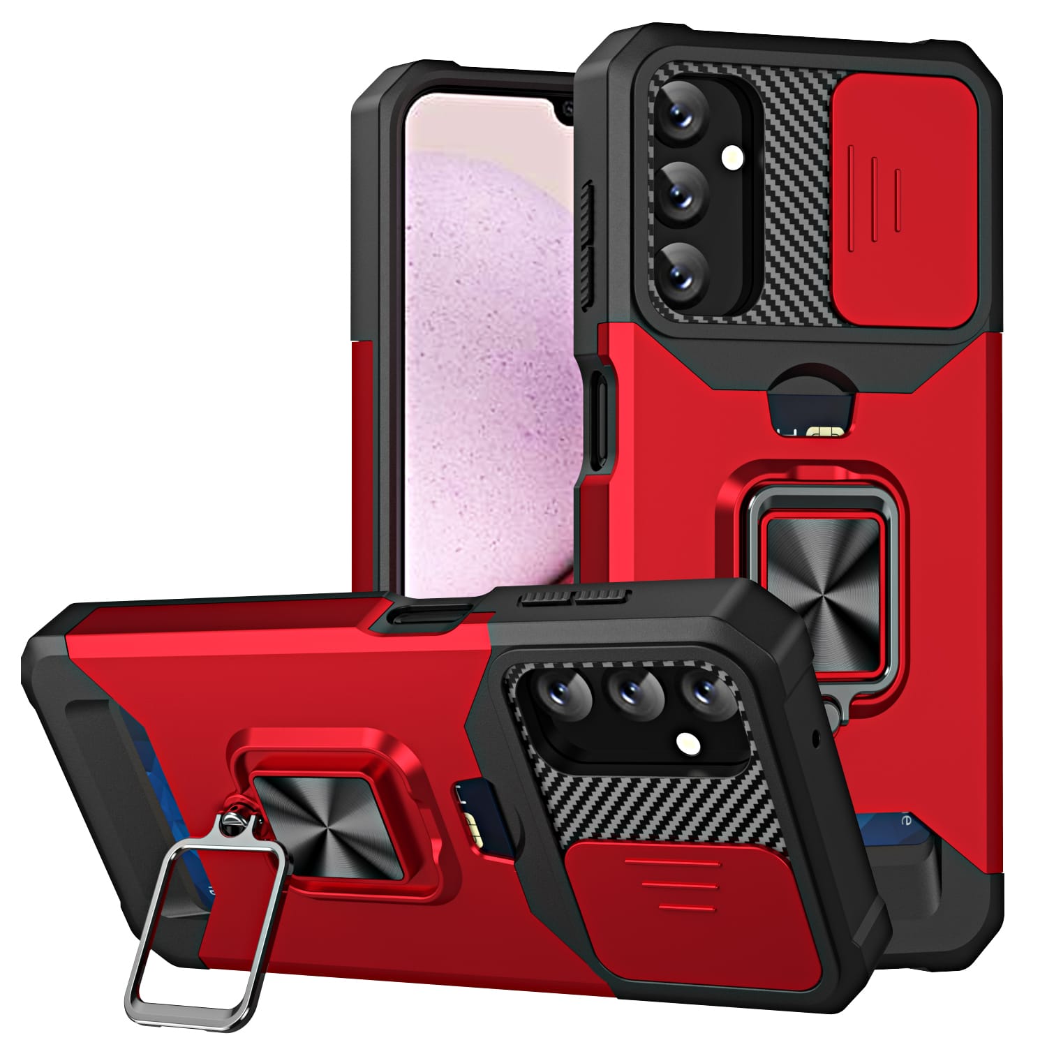 Dteck - For Samsung A17 5G Slide Lens Protection Case Wallet Card Holder Ring Stand Kickstand Hybrid PC TPU Cover - Red price history on PriceWatchPro