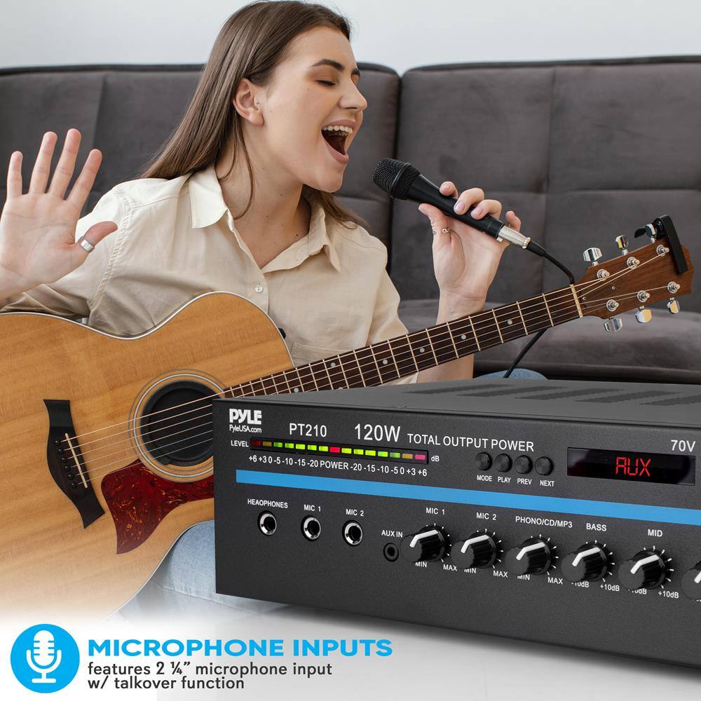 PYLE  
PyleUSA.com  
PT210  
120W TOTAL OUTPUT POWER  
+6 +3 0-5-10 0 10 -15 18 -20 POWER -20 -15 10 -5 0 +3 +6  
MODE PLAY PREV NEXT  
70V  
HEAPHONES MIC 1 MIC 2 AUX IN MIC - MIC 2 PHONO/CD/MP3  
BASS MID MIN MAX MIN MAX MIN MAX dB 10d8 -vOl 10d8  
MICROPHONE INPUTS  
features 2 1/4" microphone input w/ talkover function  

120W TOTAL OUTPUT POWER  
70V  
LEVEL  
+6 +3 0-5-10 0 10 -15 18 -20 POWER -20 -15 10 -5 0 +3 +6  
MODE PLAY PREV NEXT  
HEAPHONES MIC 1 MIC 2 AUX IN MIC - MIC 2 PHONO/CD/MP3  
BASS MID MIN MAX MIN MAX MIN MAX dB 10d8 -vOl 10d8