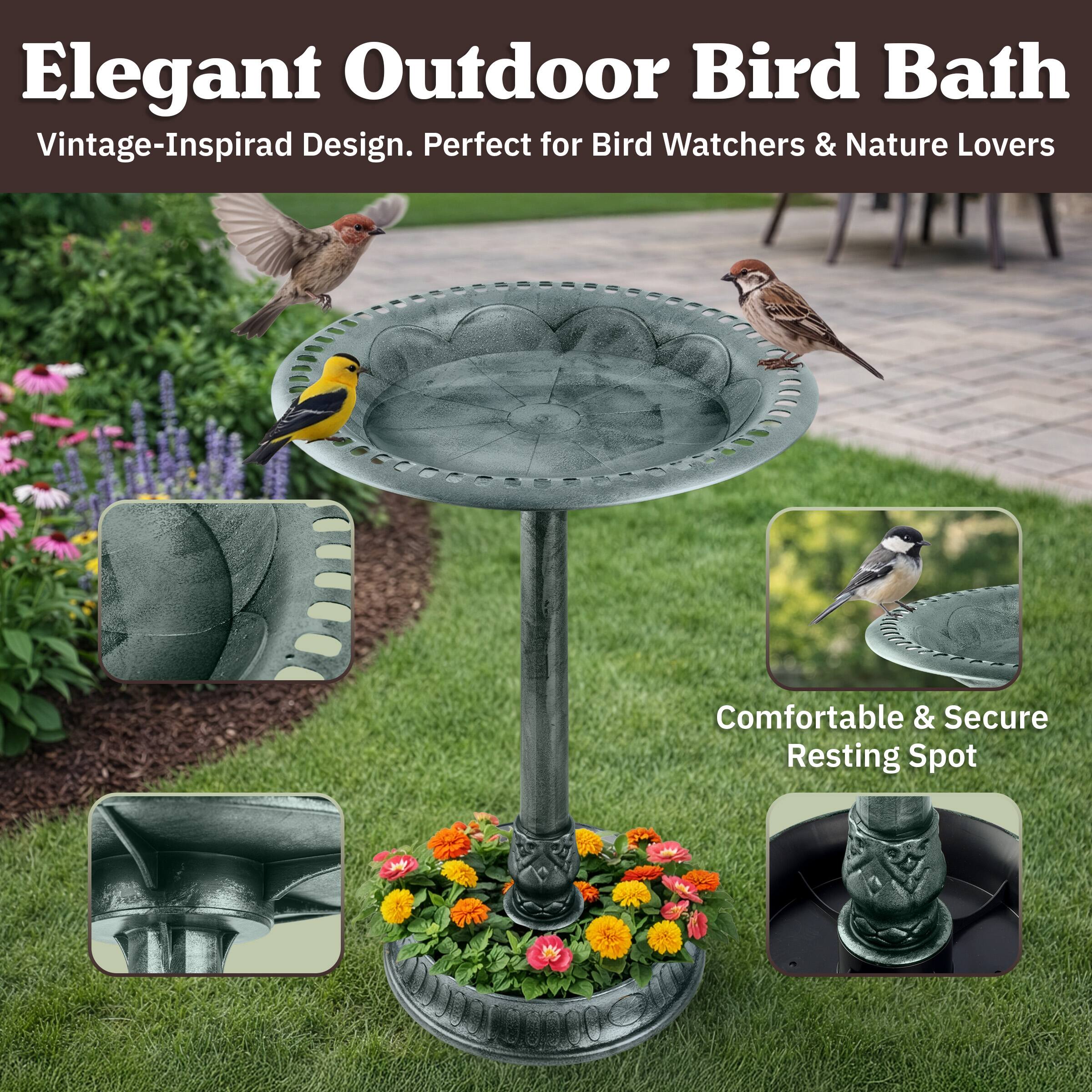 Elegant Outdoor Bird Bath  
Vintage-Inspired Design. Perfect for Bird Watchers & Nature Lovers  
Comfortable & Secure Resting Spot