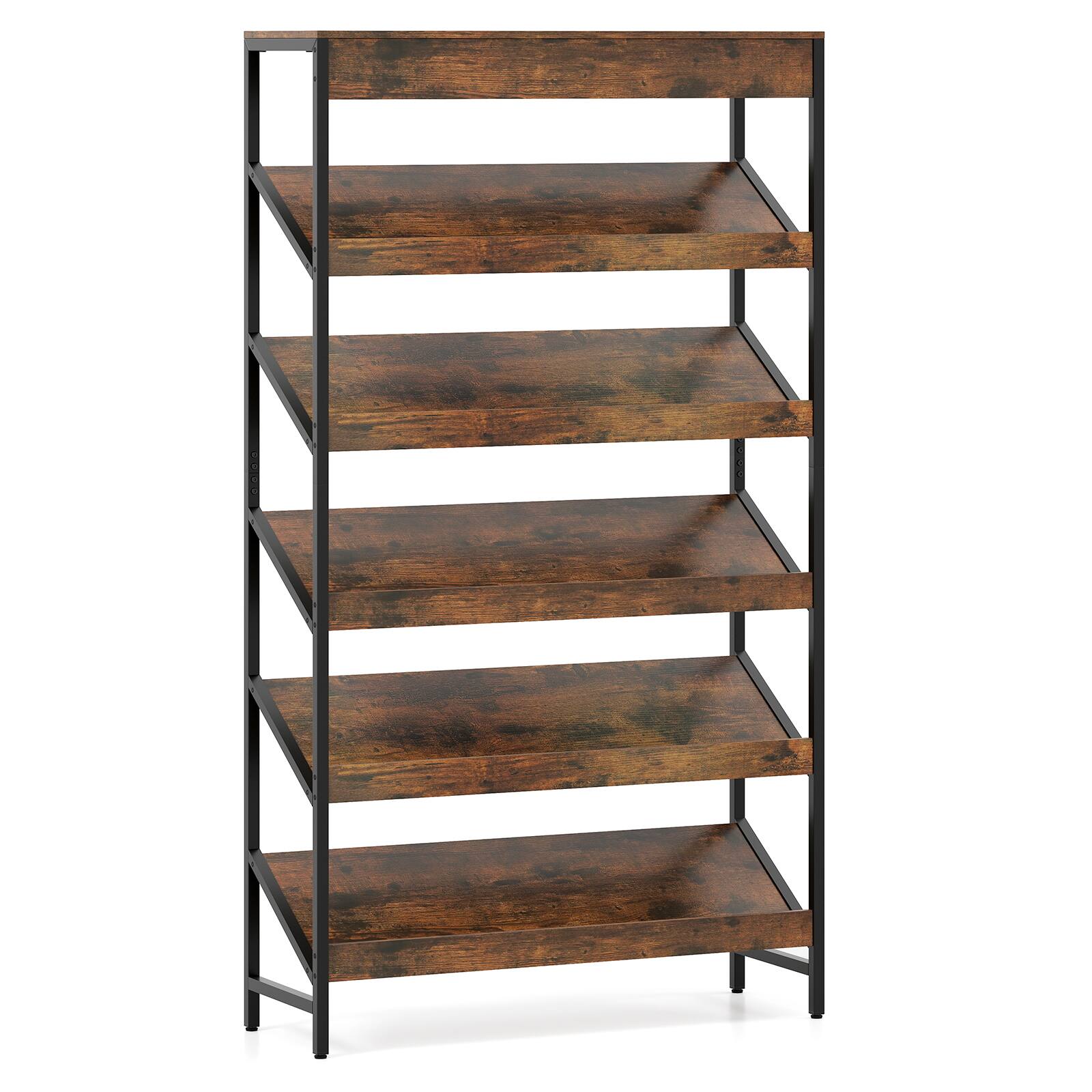 Alt View 8. Gymax - Gymax 6-Tier Bookshelf Industrial Tall Bookcase w/ Angled Shelves & Metal Frame - Brown.