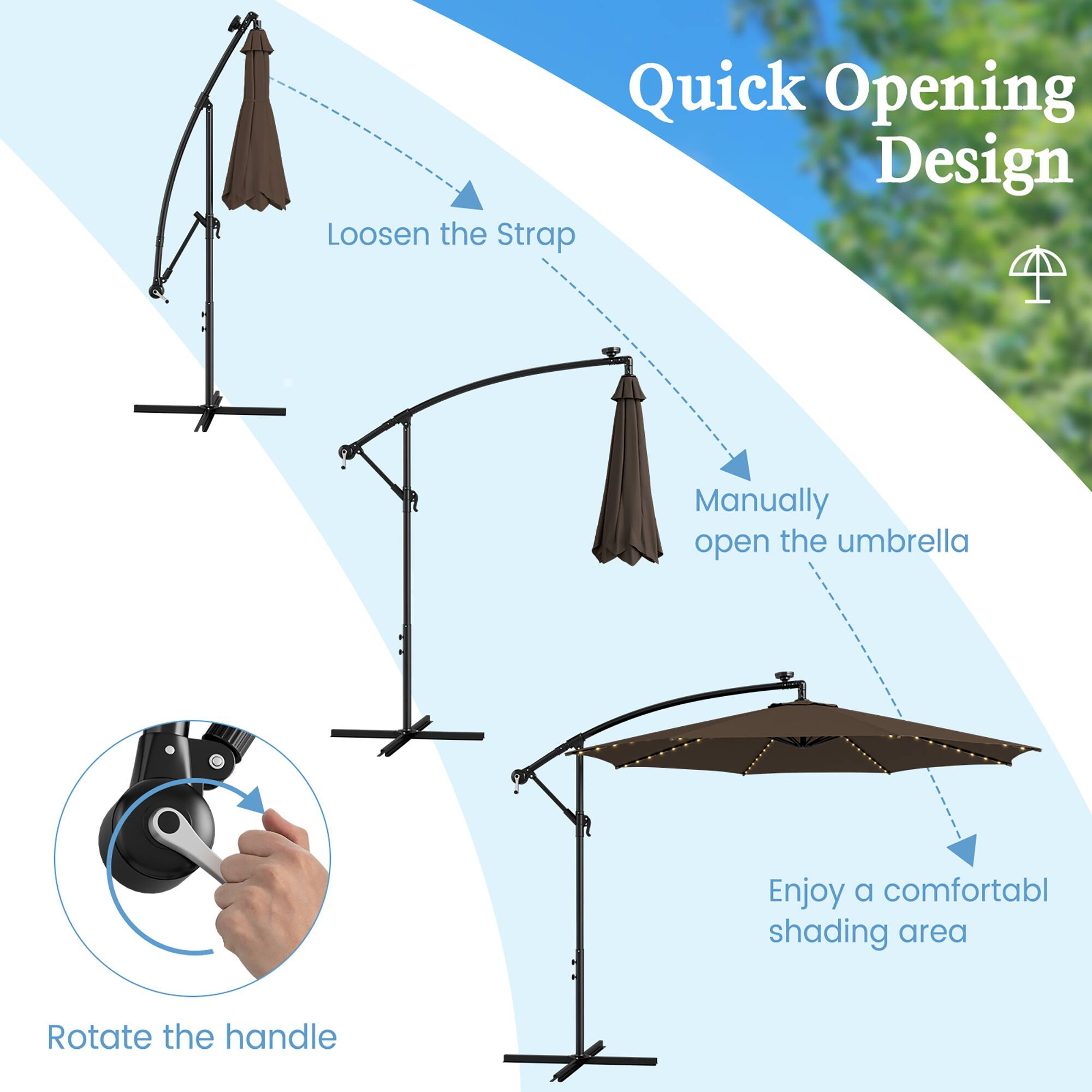 Quick Opening Design

Rotate the handle
Loosen the Strap
Manually open the umbrella
Enjoy a comfortable shading area