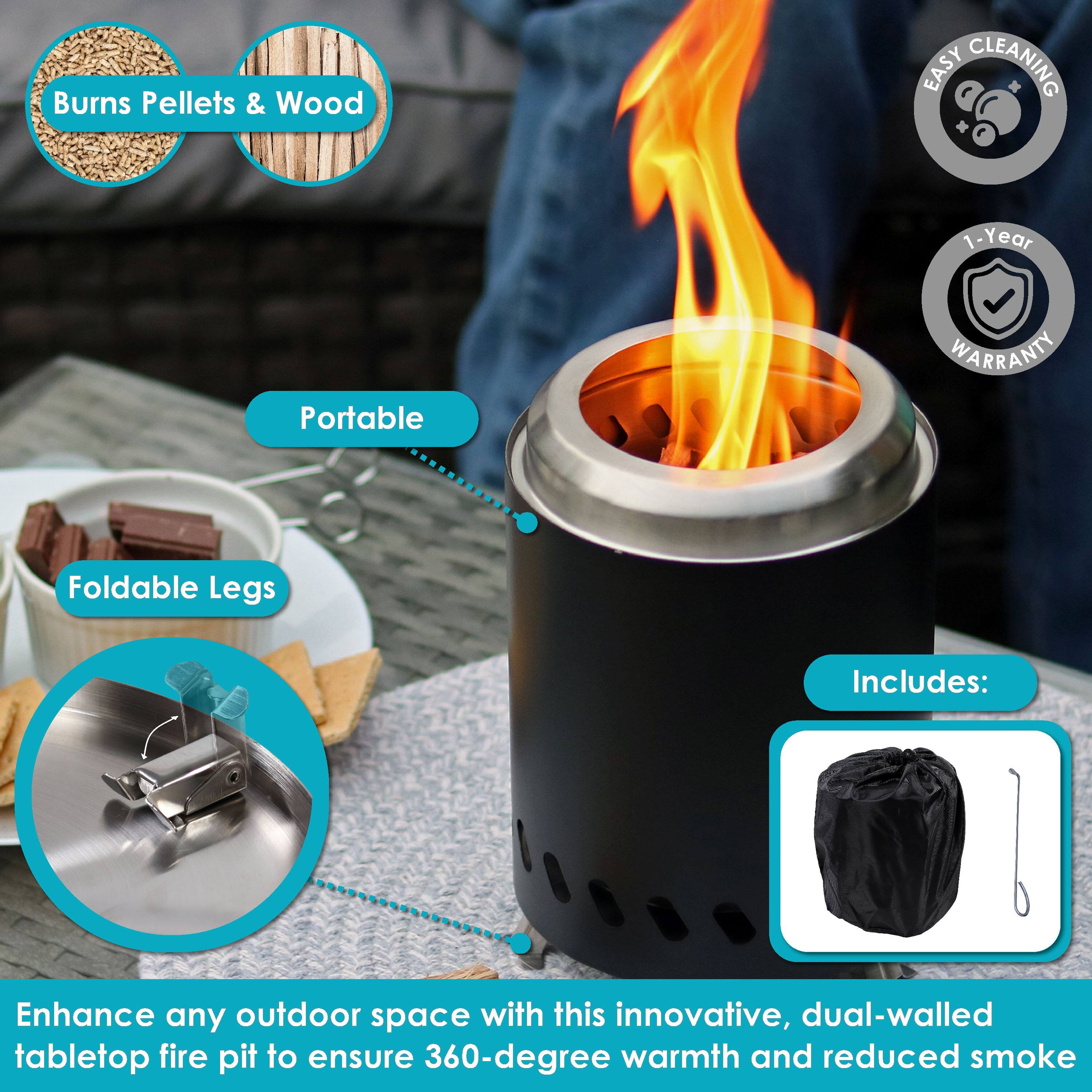 - Burns Pellets & Wood
- Portable
- Foldable Legs
- Easy Cleaning
- 1-Year Warranty
- Includes: (Image of a cover and tool)

Enhance any outdoor space with this innovative, dual-walled tabletop fire pit to ensure 360-degree warmth and reduced smoke.