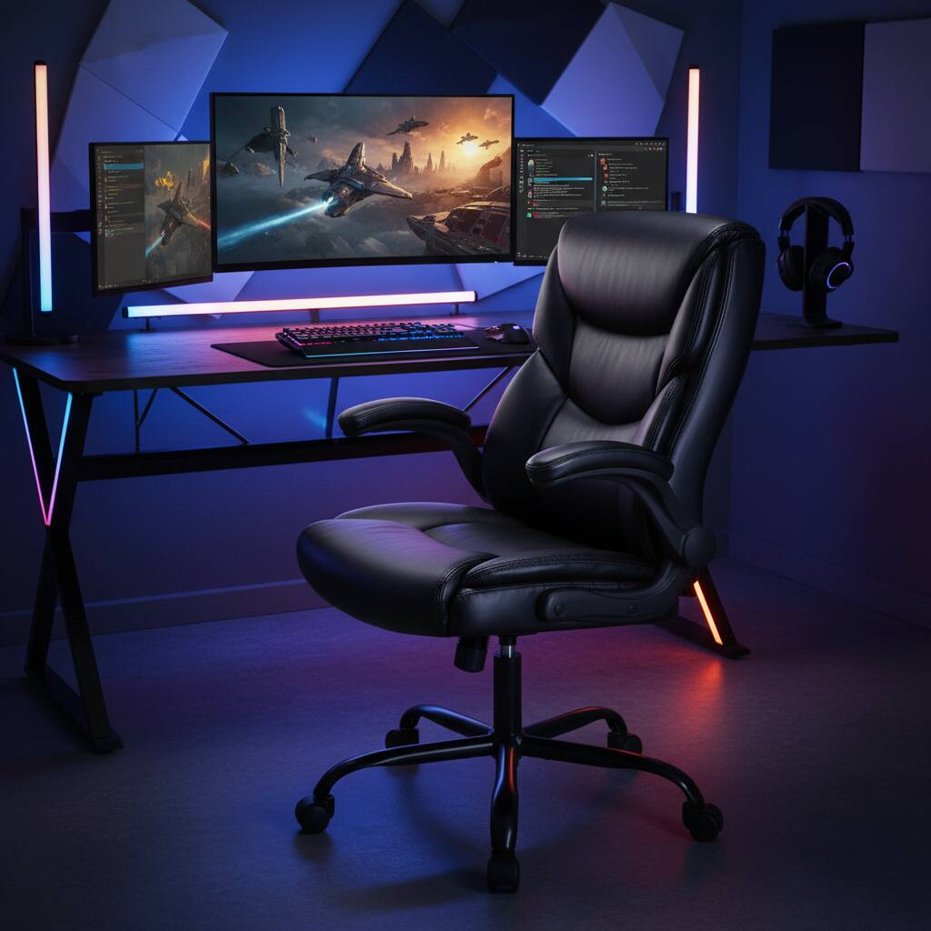 Alt View 4. AOITUN - Comfort Executive Office Chair for Long Work Hours, Brown PU Leather Seat with Flip-Up Arms, Ideal for Home or Office - Black.