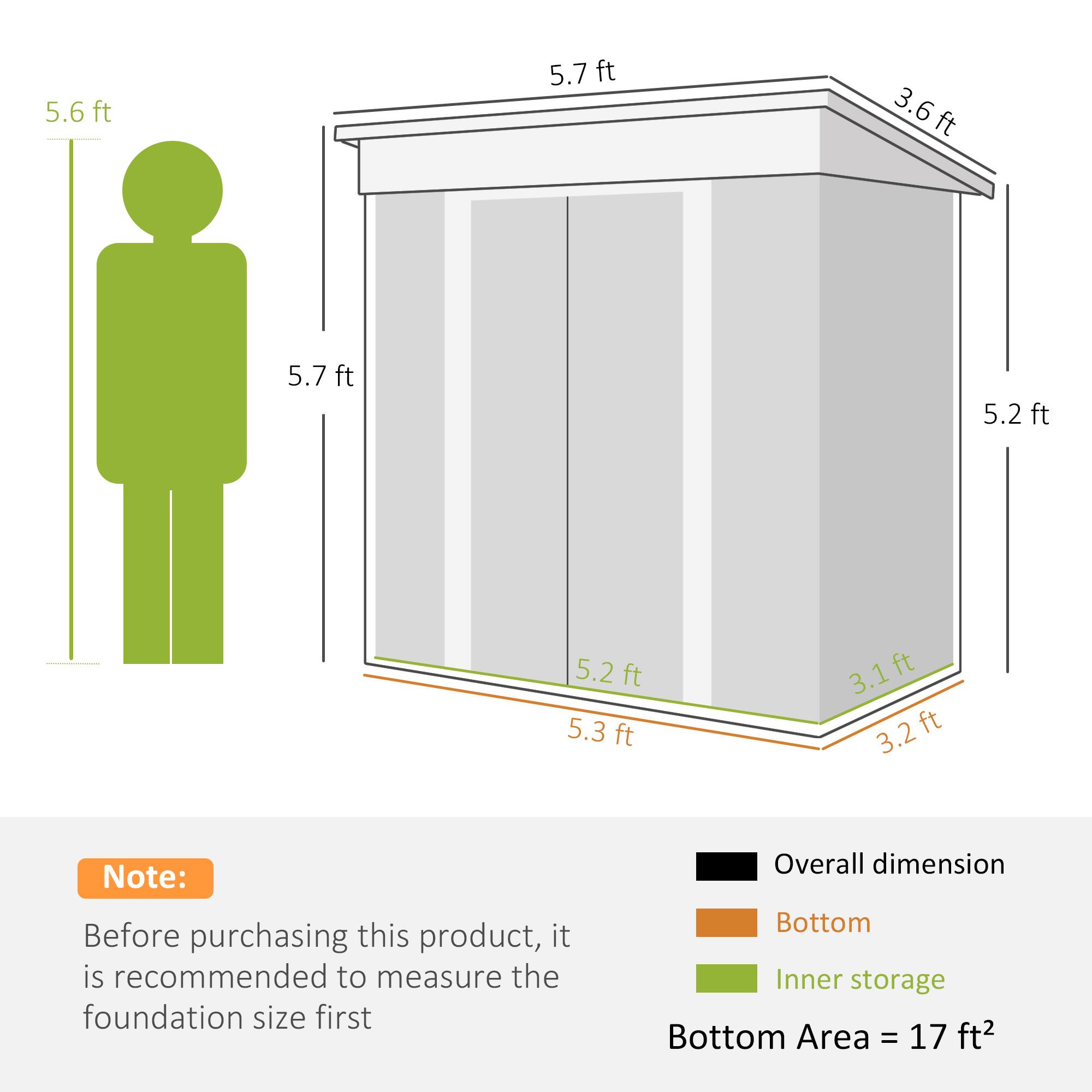 5.6ft, 5.7ft, 3.6ft, 5.7ft, 5.2ft, 5.2ft, 5.3ft, 3.1ft, 3.2ft

Note: Before purchasing this product, it is recommended to measure the foundation size first

Overall dimension
Bottom
Inner storage
Bottom Area = 17 ft2