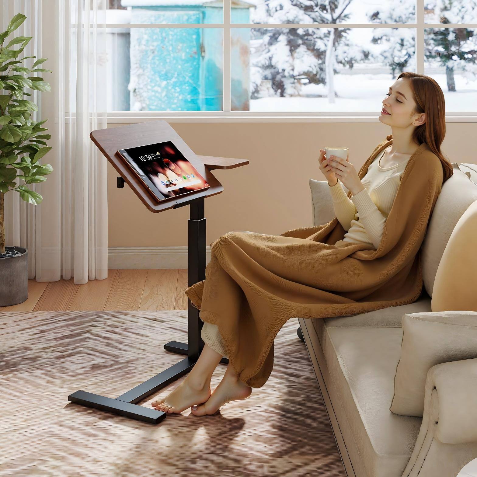 Alt View 1. Loheer - Loheer Mobile Standing Desk Adjustable Rolling Laptop Table Overbed Bedside Desk Walnut - Brown+Black.