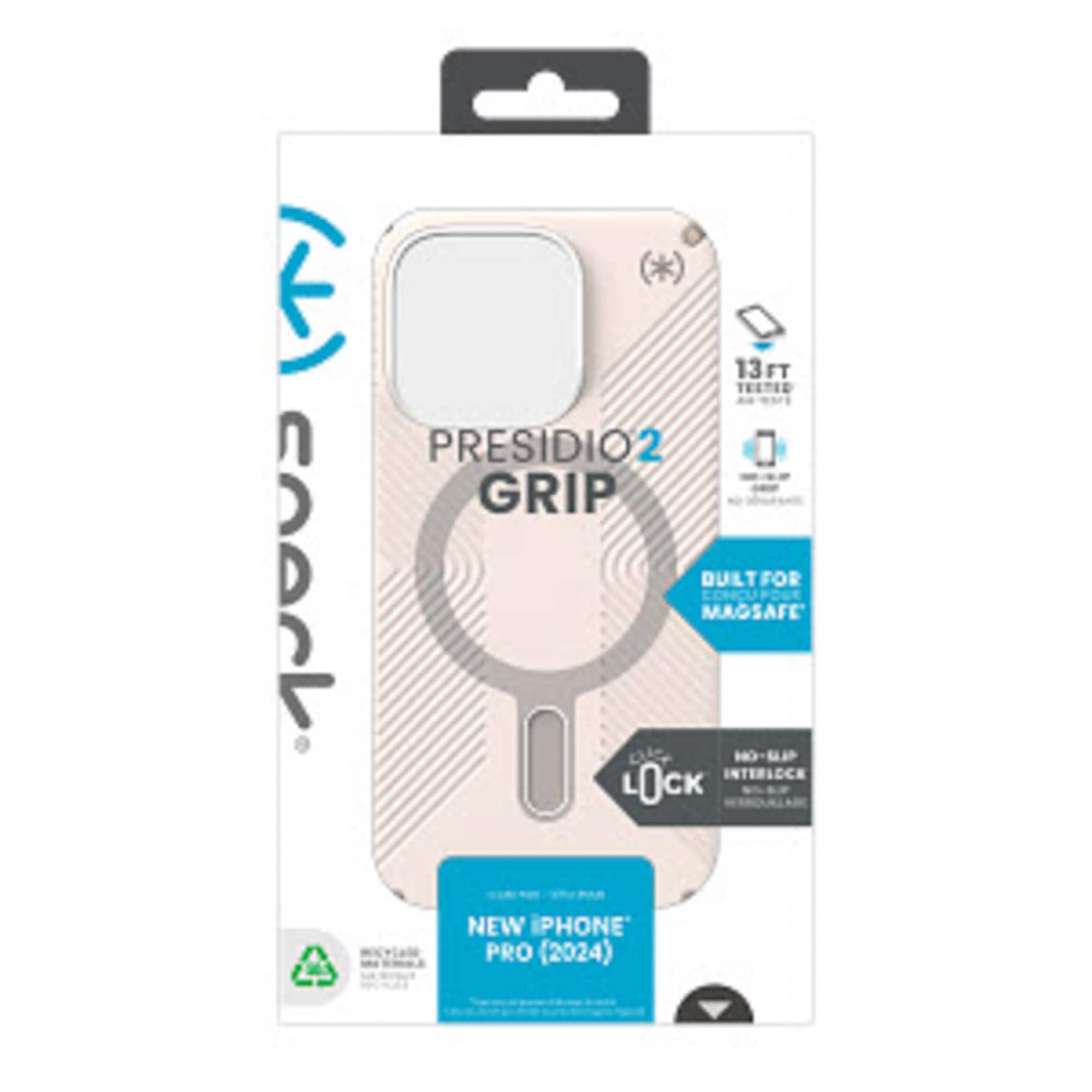 Presidio2 Grip is a new iPhone Pro (2024) case that offers 13 feet of drop protection. It is designed to be built for MagSafe and has a lock feature to keep your phone secure. The case is available in pink and is made of durable materials to protect your device.