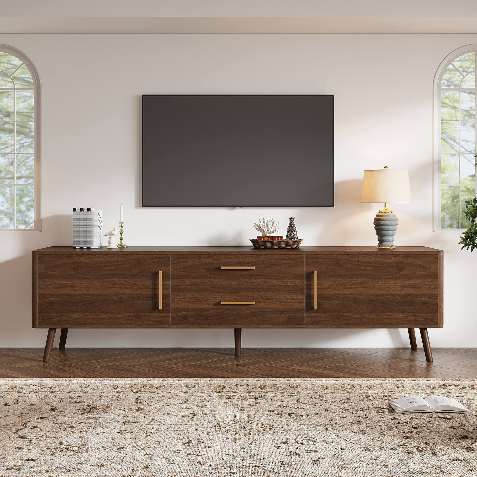 MERAVOM - Mid-Century Modern TV Stand for TVs Up to 85", 70" Entertainment Center with Storage Cabinets, 2 Drawers for Living Room - Walnut